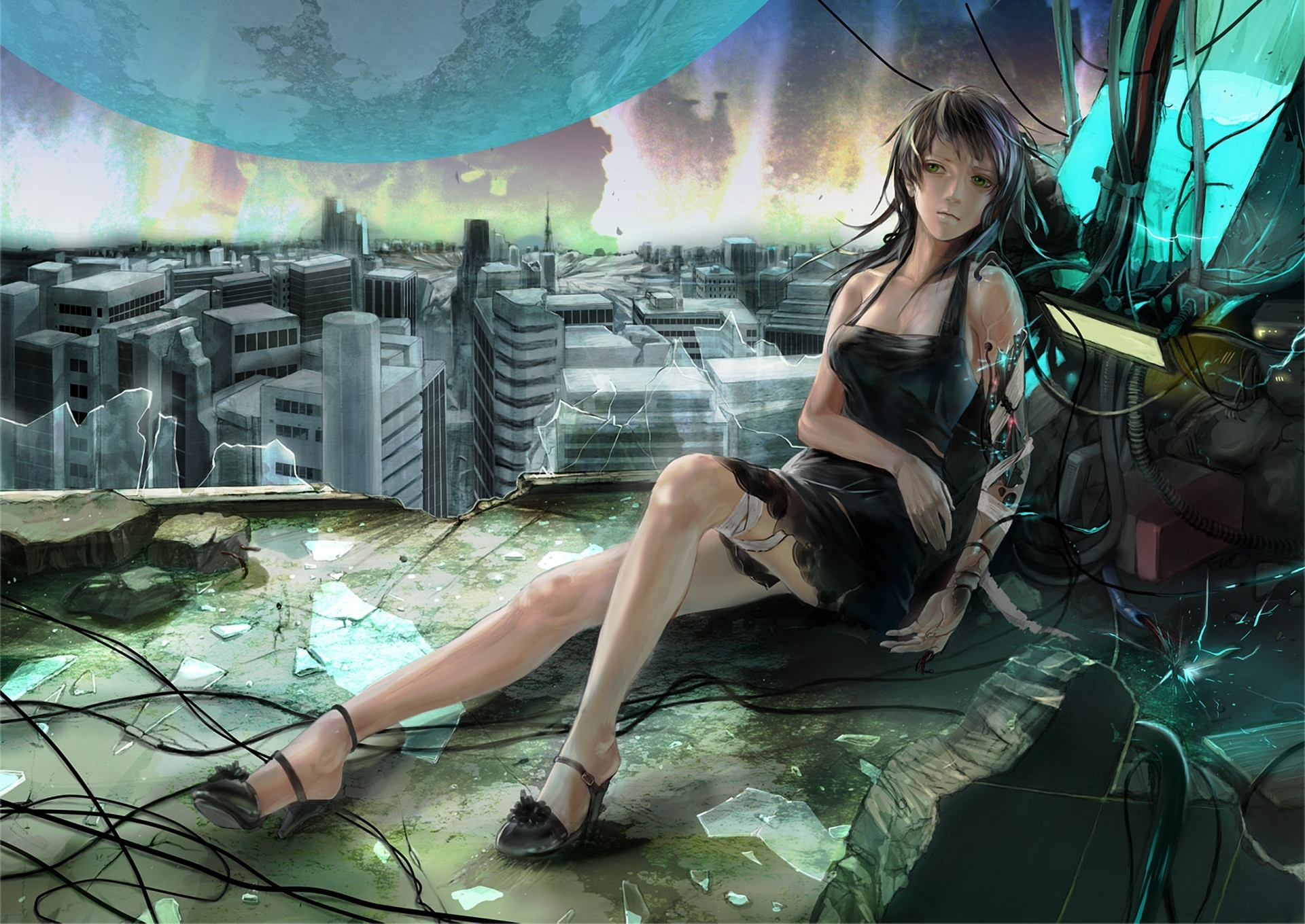 Wallpaper girl, fragments, the city, wire, planet, robot, art, ruins for  mobile and desktop, section прочее, resolution 1920x1360 - download