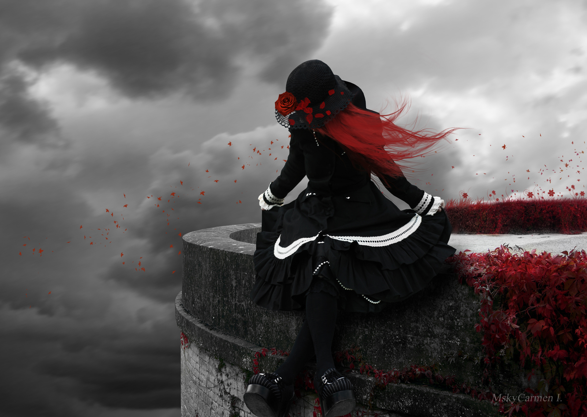 Wallpaper rose, gothic, gloomy, red hair, goth, Gothic & Lolita, goth,  MskyCarmen for mobile and desktop, section настроения, resolution 1920x1364  - download