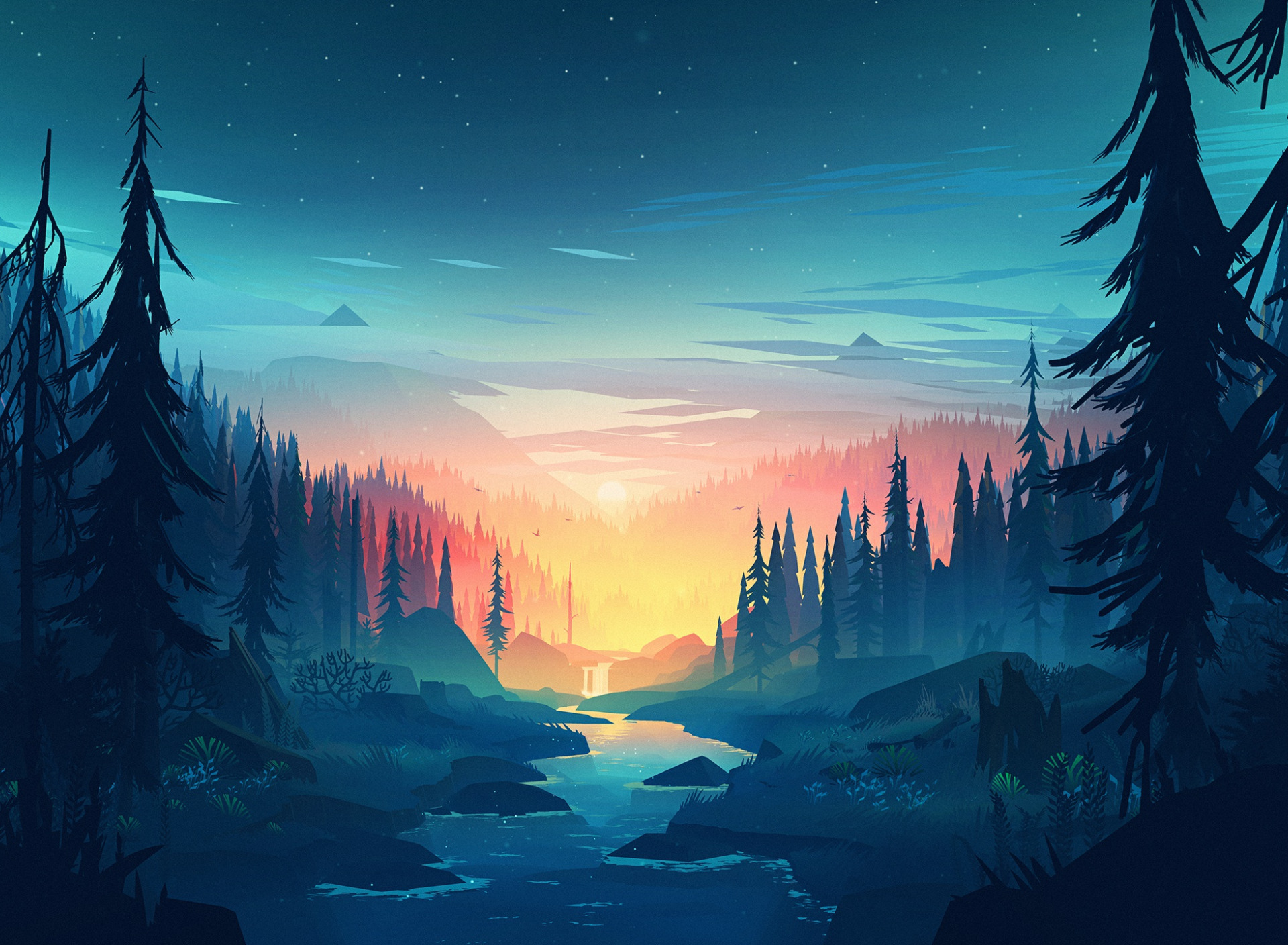 Download wallpaper Sunset, The sun, Mountains, The game, River, Forest,  View, Hills, section games in resolution 1920x1408