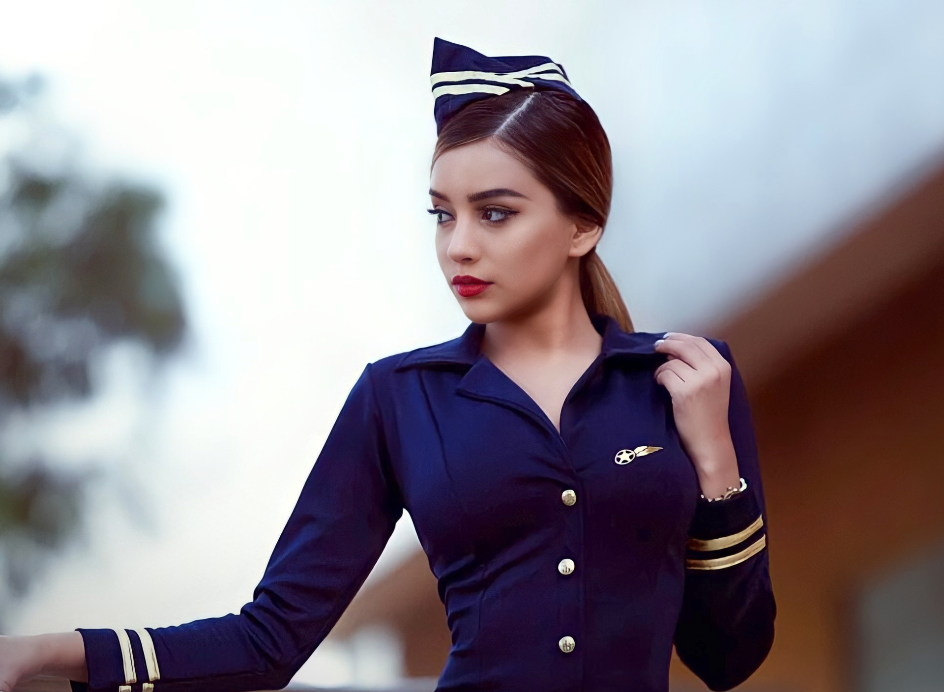 Download wallpaper girl, model, pretty, face, plane, pose, costume,  portrait, section girls in resolution 1920x1408