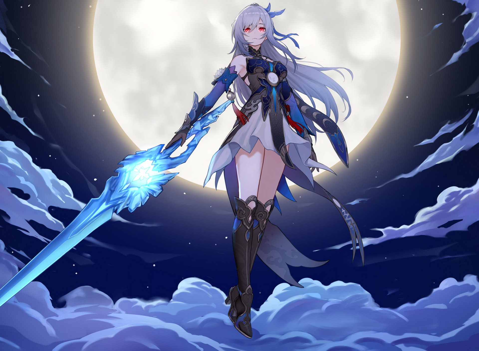 Download Wallpaper Clouds, Pose, The Moon, Stand, Character.