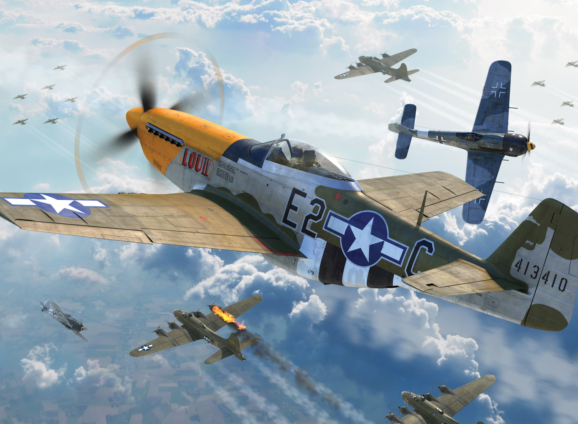 Download wallpaper USAF, P-51D Mustang, B-17, Air force, WW2, Fw.190A-8 ...