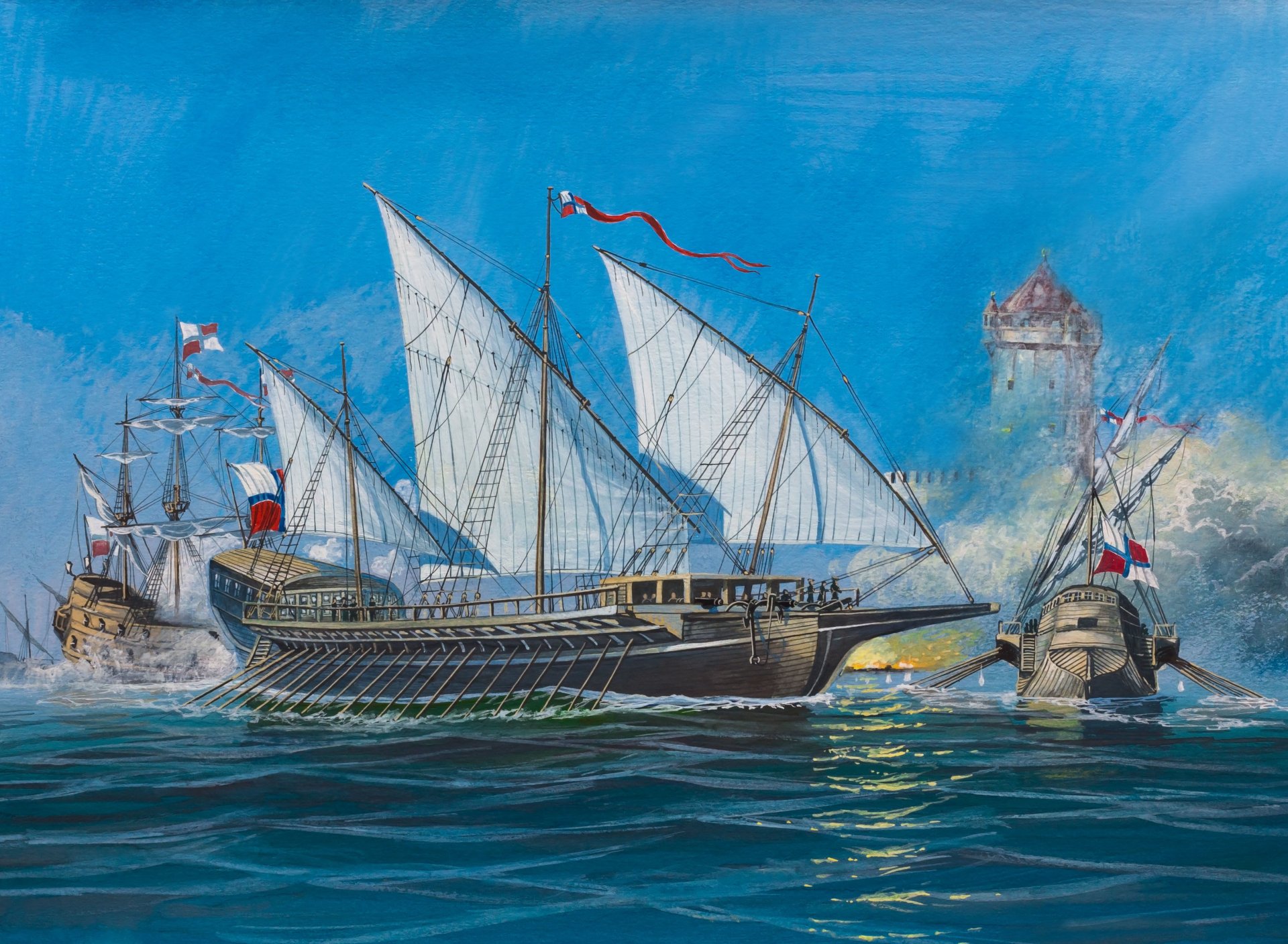Exploding Ship Painting Download wallpaper oil, explosions, ships, bursts, battle, water, art ...