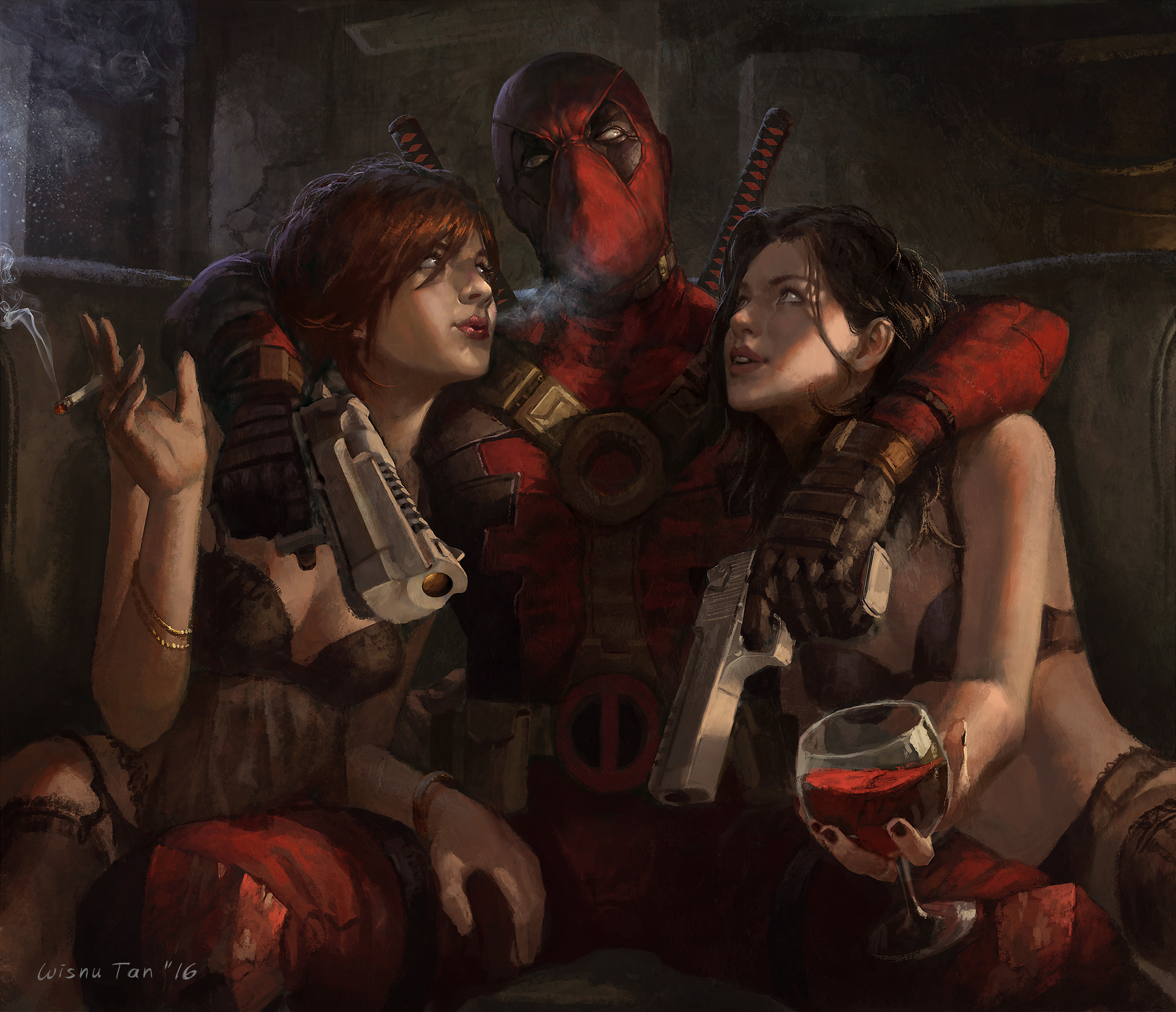 Download Wallpaper Look, Weapons, Girls, Wine, Mask, Art.