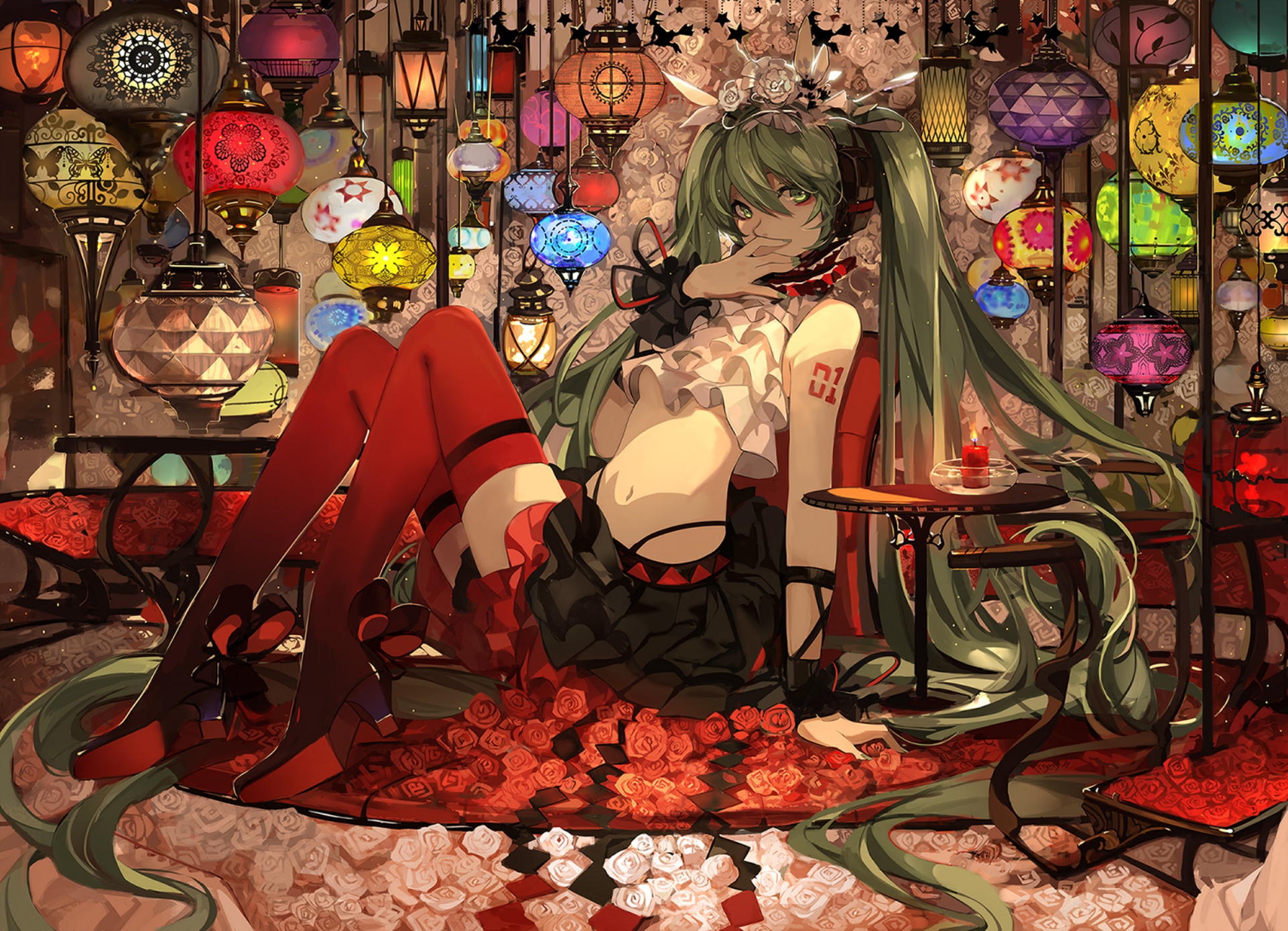 Download wallpaper roses, candle, stockings, vocaloid, sitting, Hatsune Miku,  lanterns, table, section other in resolution 1922x1390