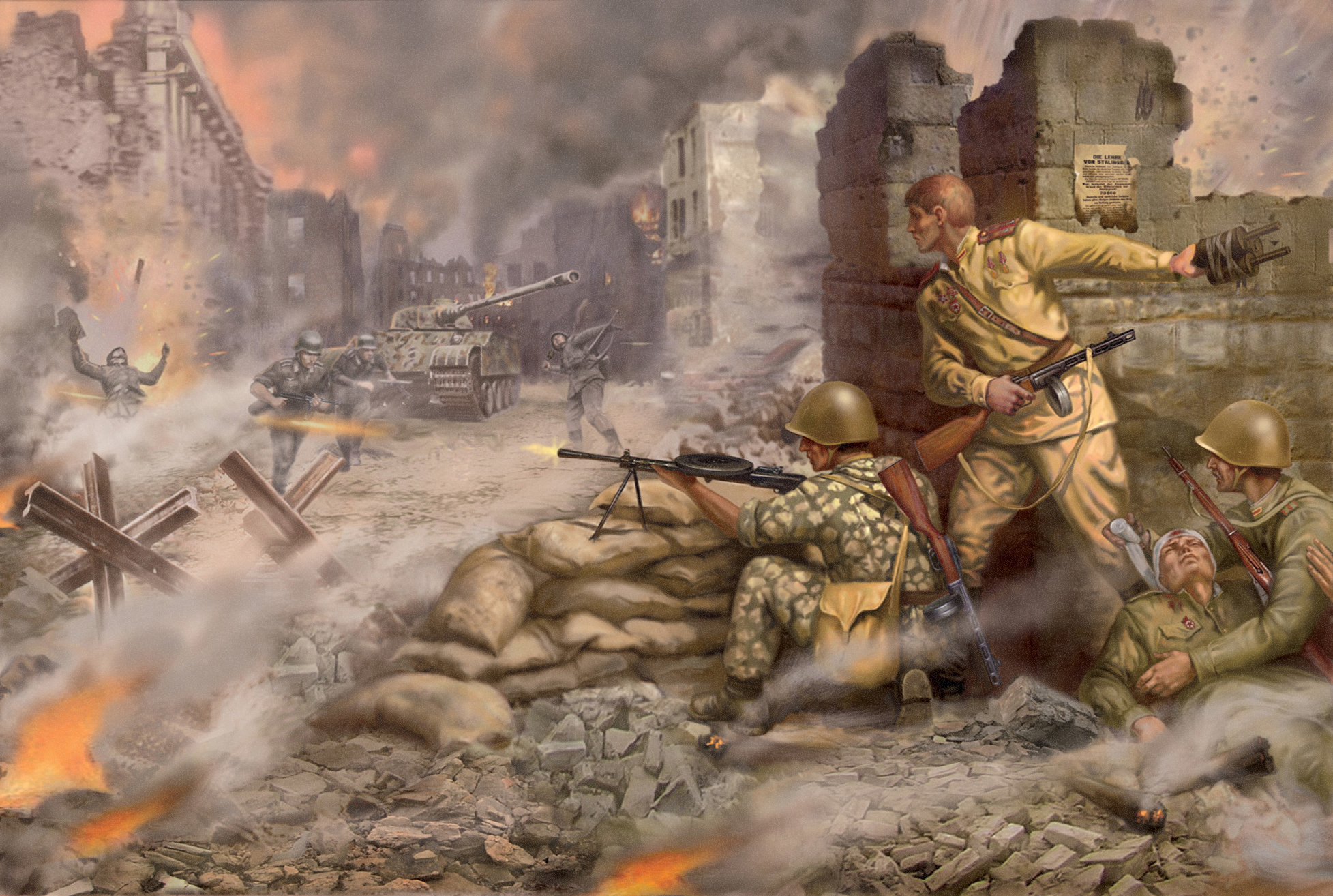 Download Wallpaper The City, War, Art, USSR, Panther, Tank, War.
