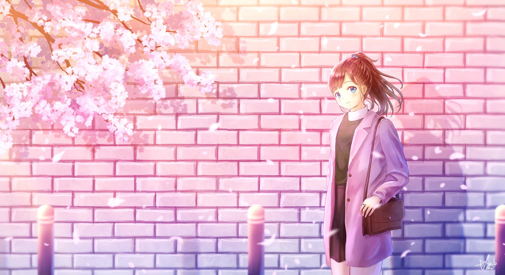 Download wallpaper girl, wall, spring, Sakura, brick wall, section art ...