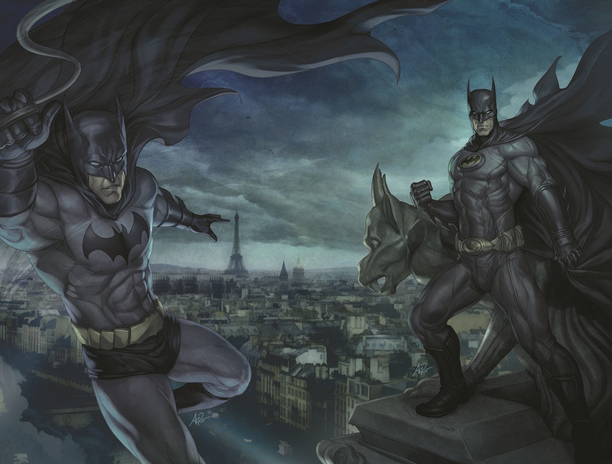 Wallpaper roof, batman, Paris, Batman, cloak, dc comics, artgerm (stanley  lau), gargoyle for mobile and desktop, section фантастика, resolution  1980x1503 - download