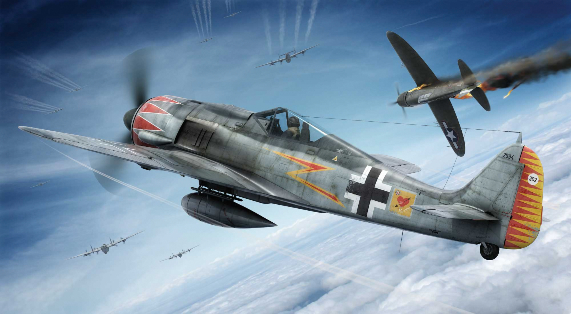 Download wallpaper fighter, war, art, painting, ww2, Focke Wulf Fw-190A ...