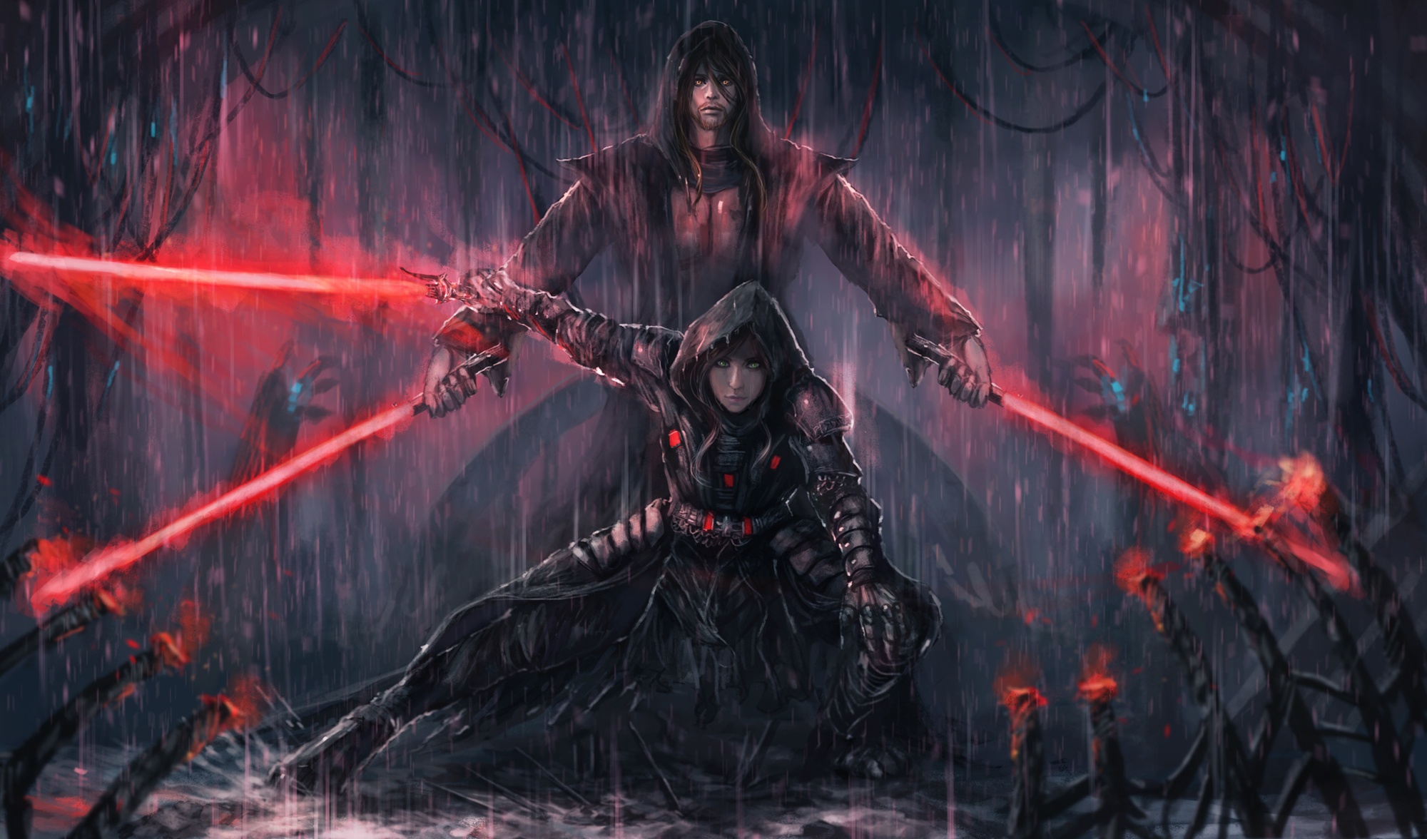 Wallpaper girl, rain, art, star wars, guy, lightsaber, The Sith Lords for  mobile and desktop, section фантастика, resolution 2000x1176 - download