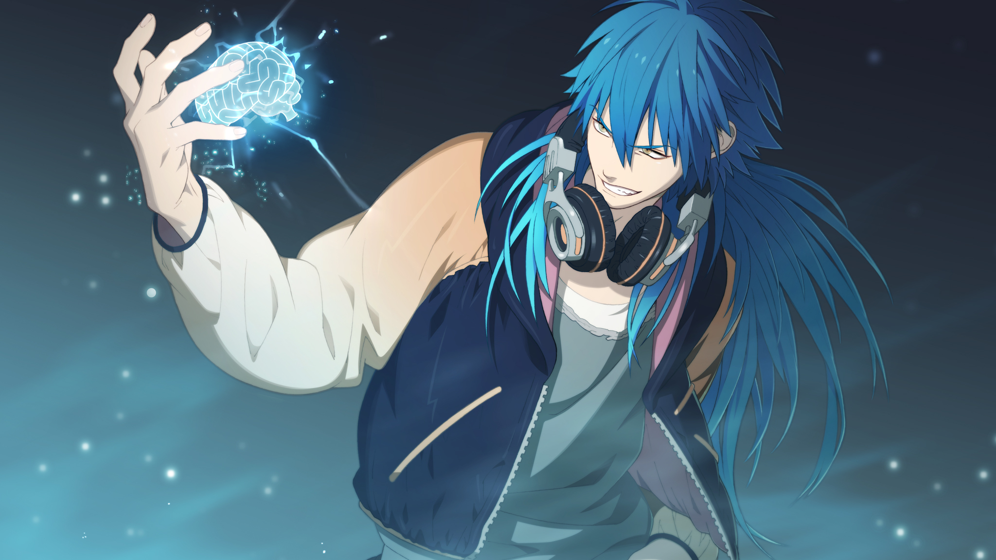 Wallpaper anime, headphones, brain, guy, blue hair, DRAMAtical Murder for  mobile and desktop, section сёнэн, resolution 2048x1152 - download