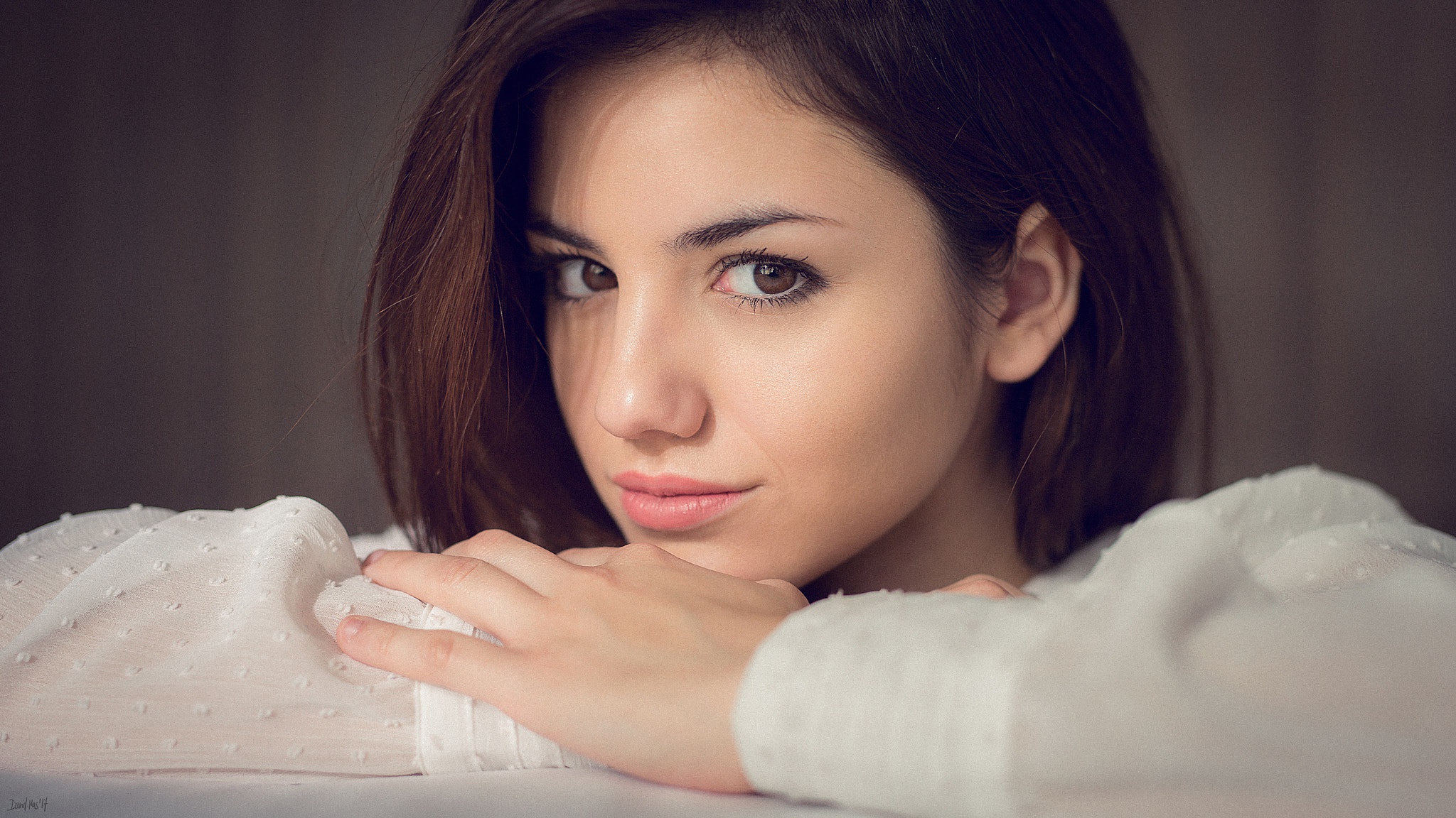 Wallpaper girl, long hair, brown eyes, photographer, model, lips, face,  brunette for mobile and desktop, section девушки, resolution 2048x1152 -  download