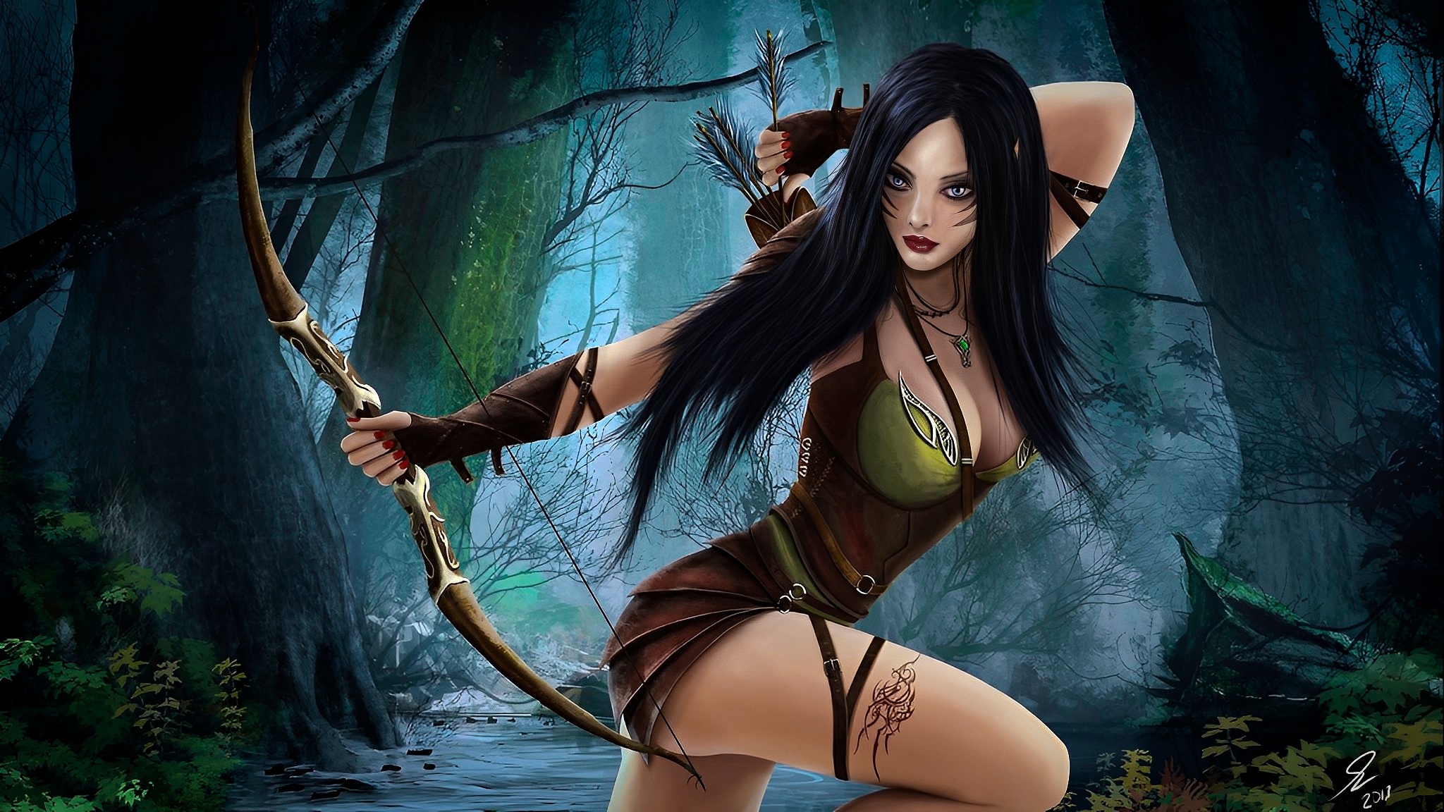 Download wallpaper fantasy, forest, art, brunette, arrow, Archer, arch,  fantasy girl, section fantasy in resolution 2048x1152