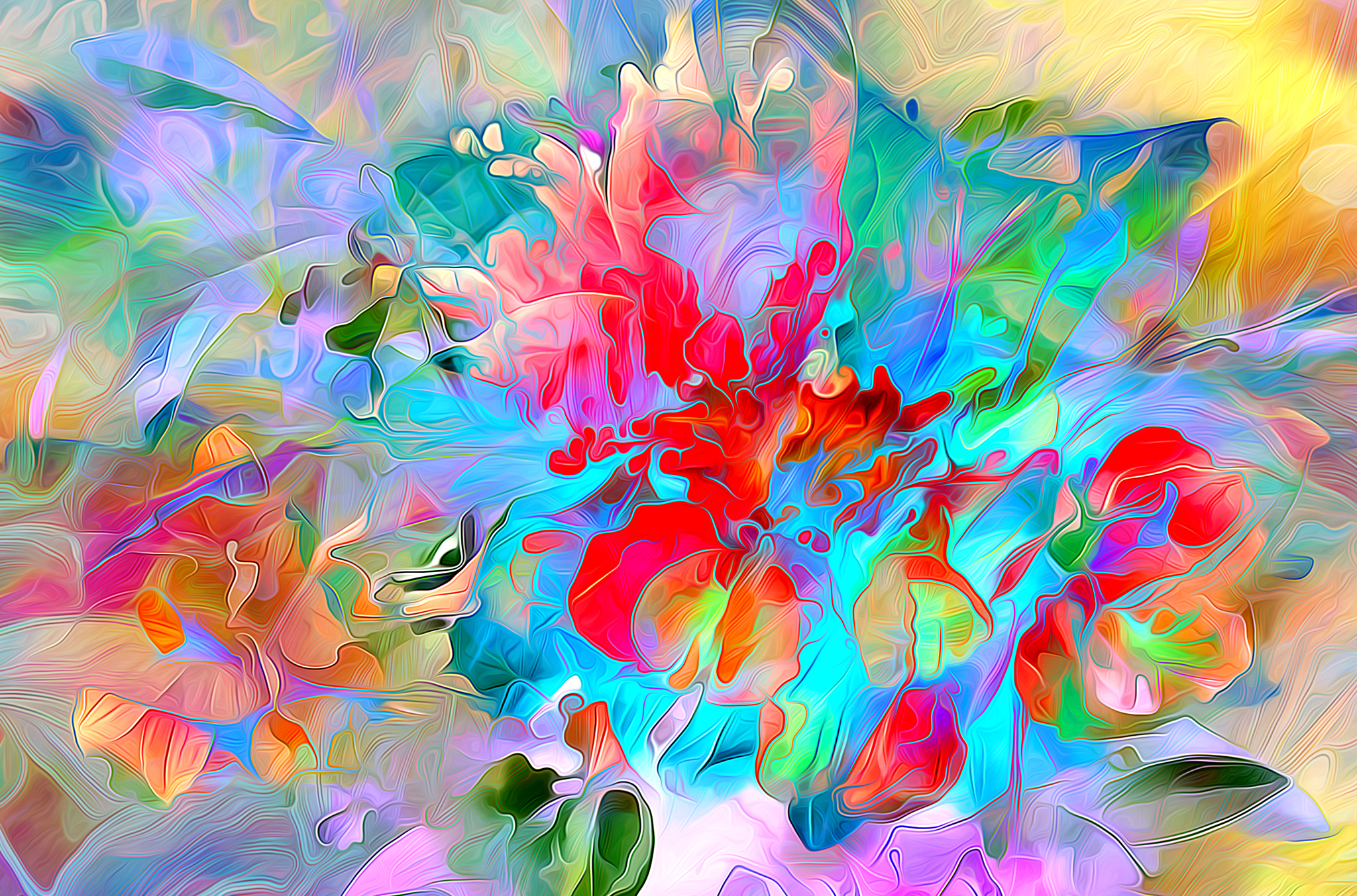 Фантазийные цветы. Цветы абстракция. Яркие обои. Разноцветная абстракция.