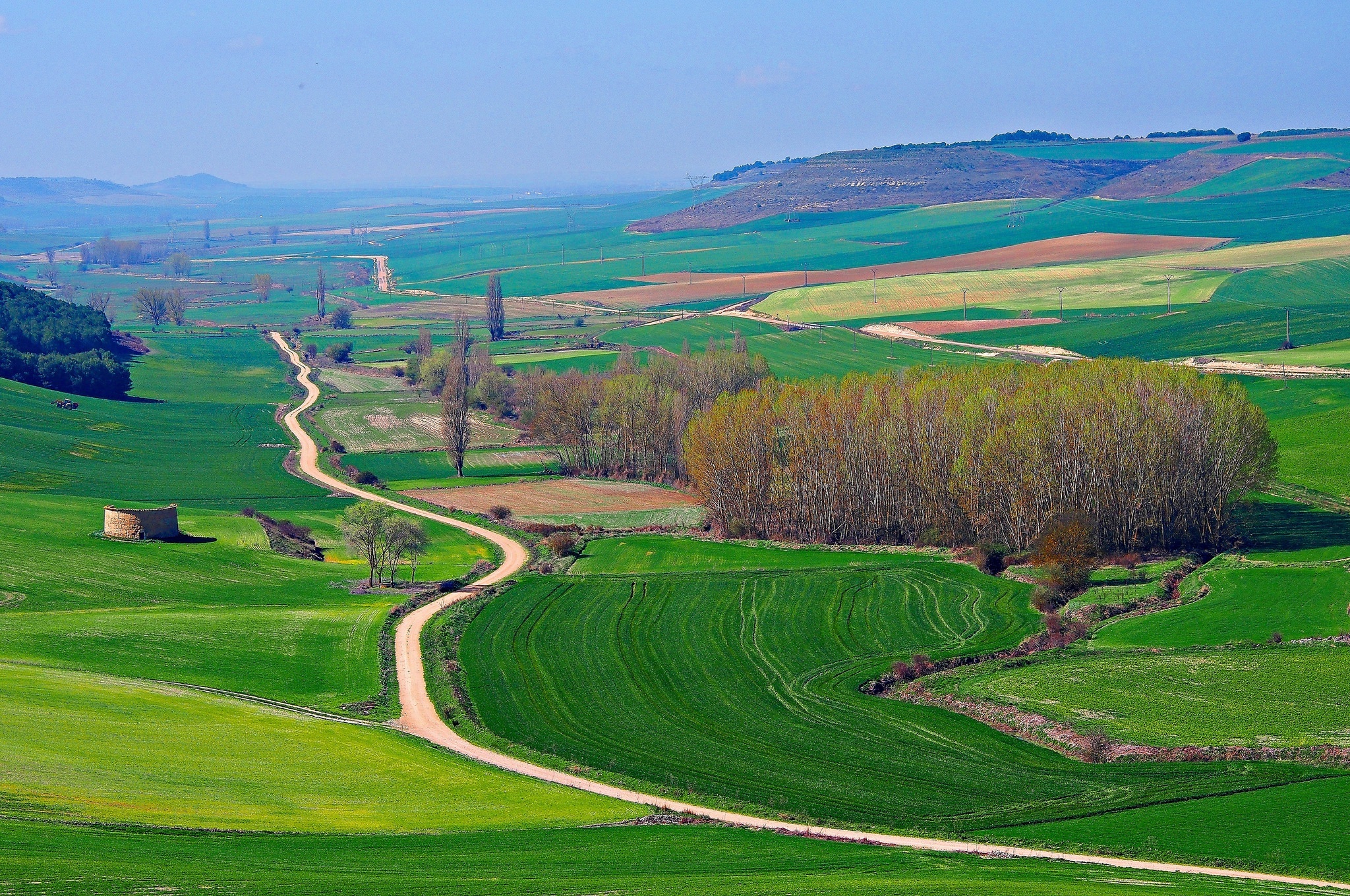 Download wallpaper road, grass, trees, mountains, hills, field, Spain ...