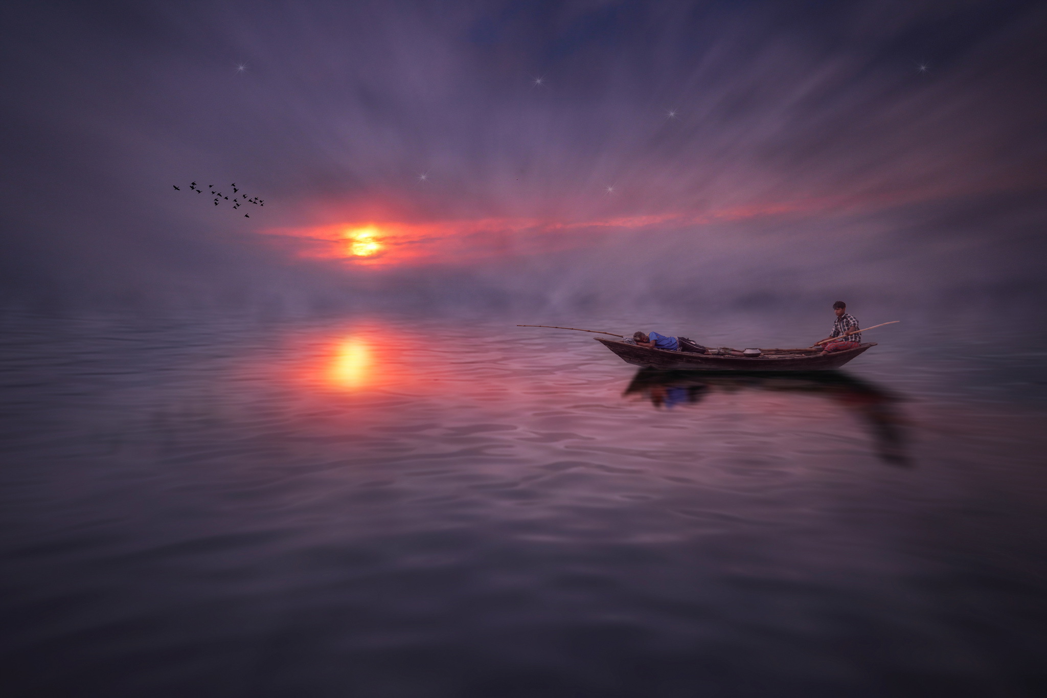 Download wallpaper night, fog, boat, fishing, section nature in resolution  2048x1365