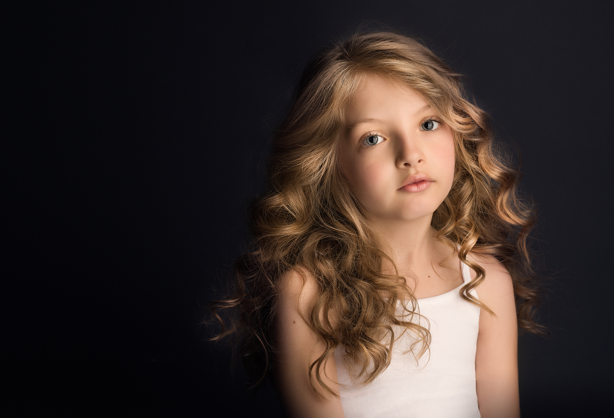 look, portrait, girl, black background, curls 