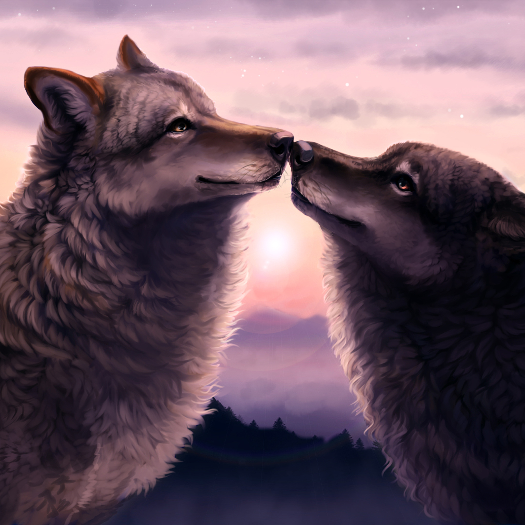 Download wallpaper forest, sunset, two, <b>Wolves</b>, section painting in resolut...