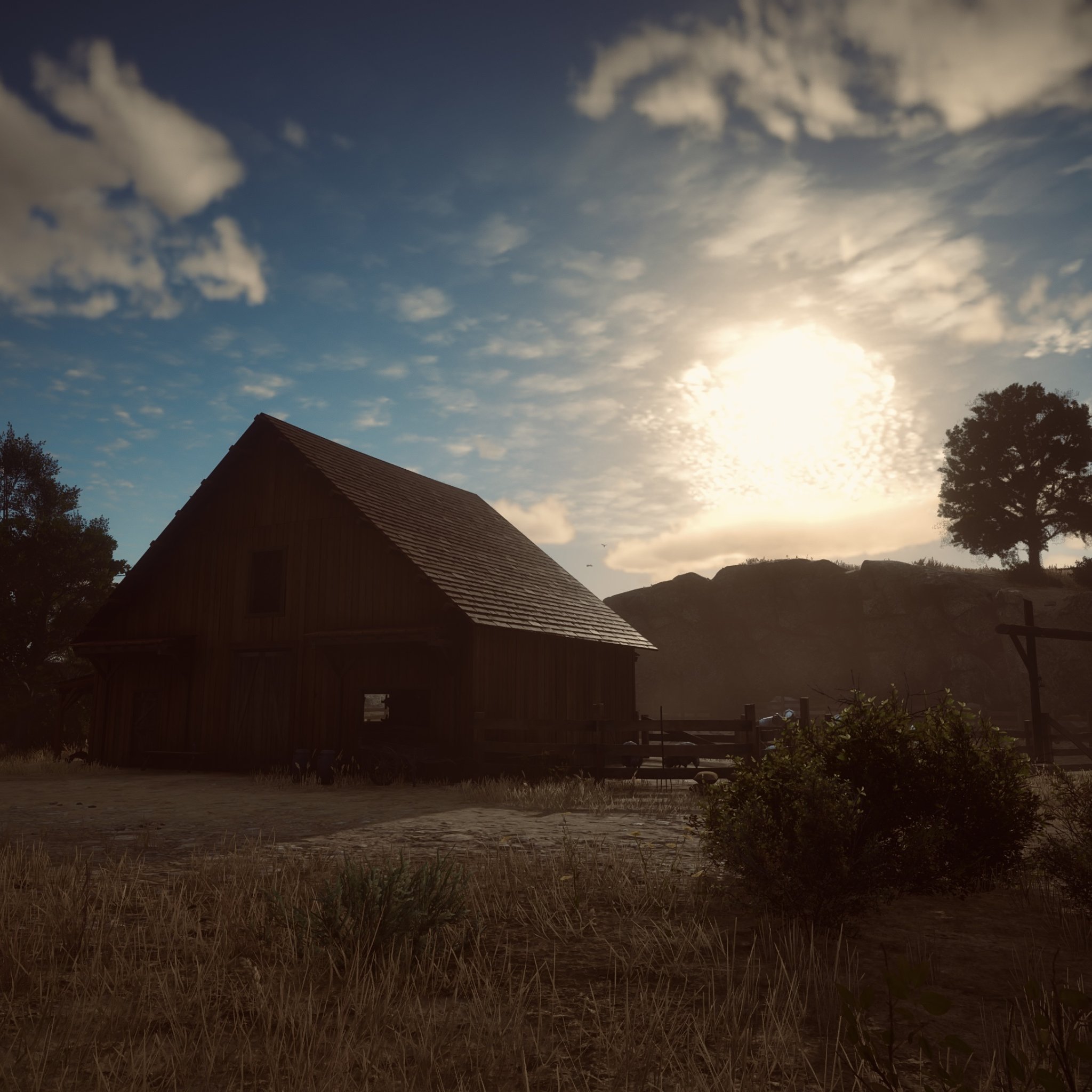 Download wallpaper HDR, Clouds, Sky, Game, Evening, Trees, Plants, Barn ...