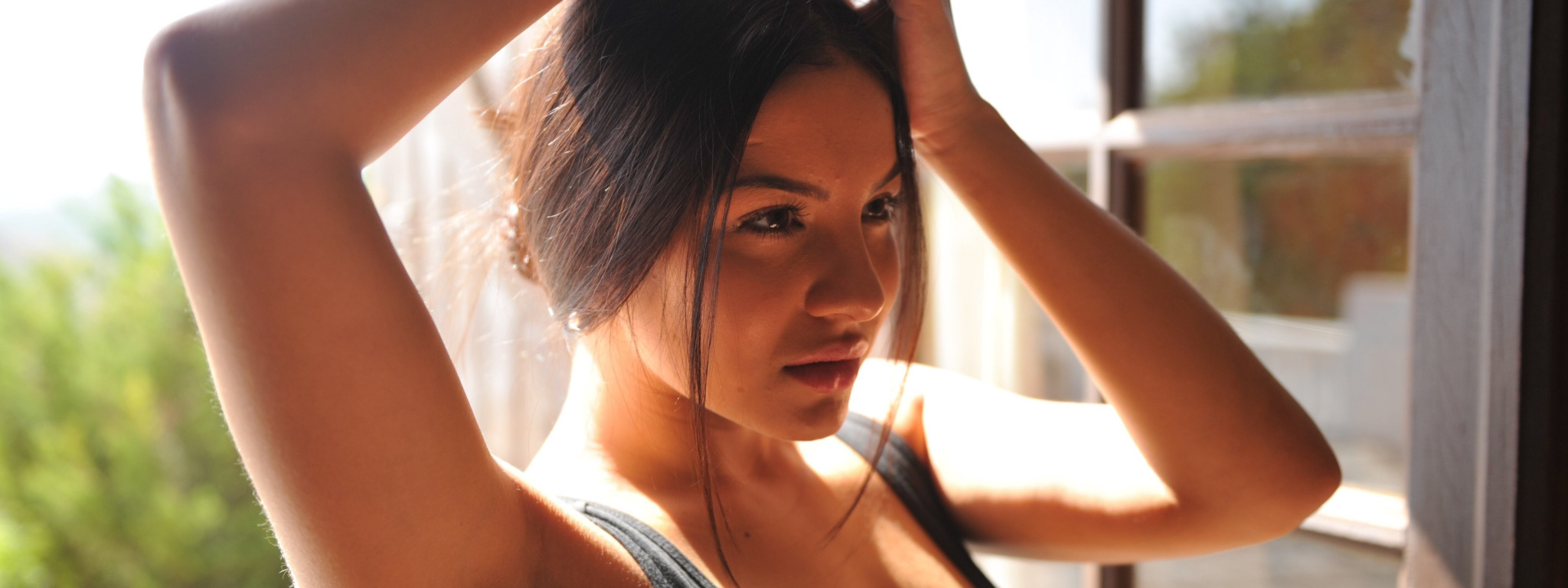 Download wallpaper eyes, girl, brunette, sexy, beautiful, Lacey Banghard,  section girls in resolution 2048x768