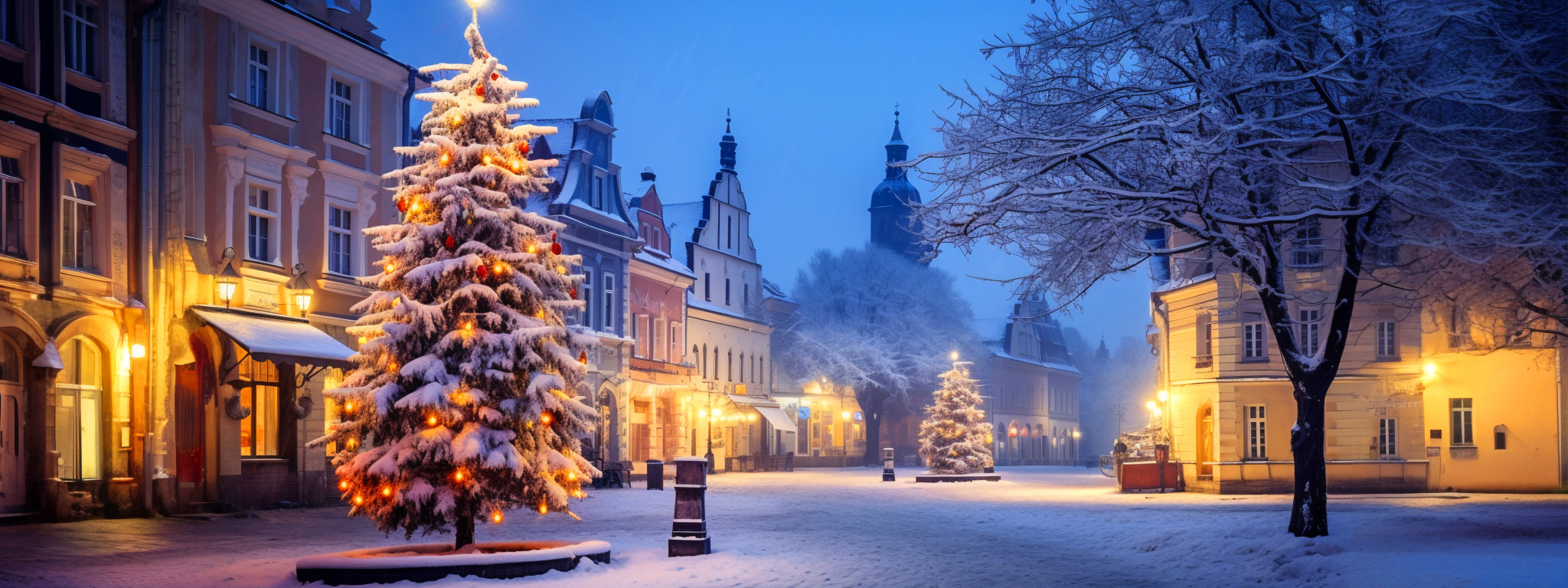 winter, snow, decoration, night, the city, balls, street, tree