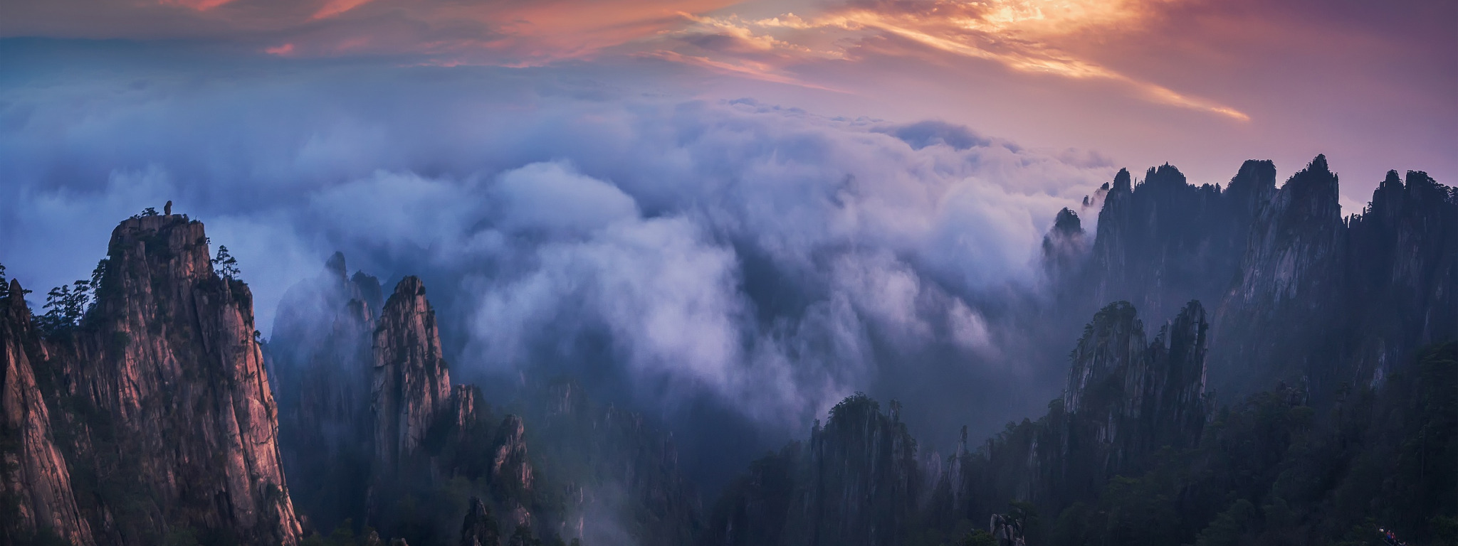 Download wallpaper forest, the sky, clouds, mountains, fog, rocks ...