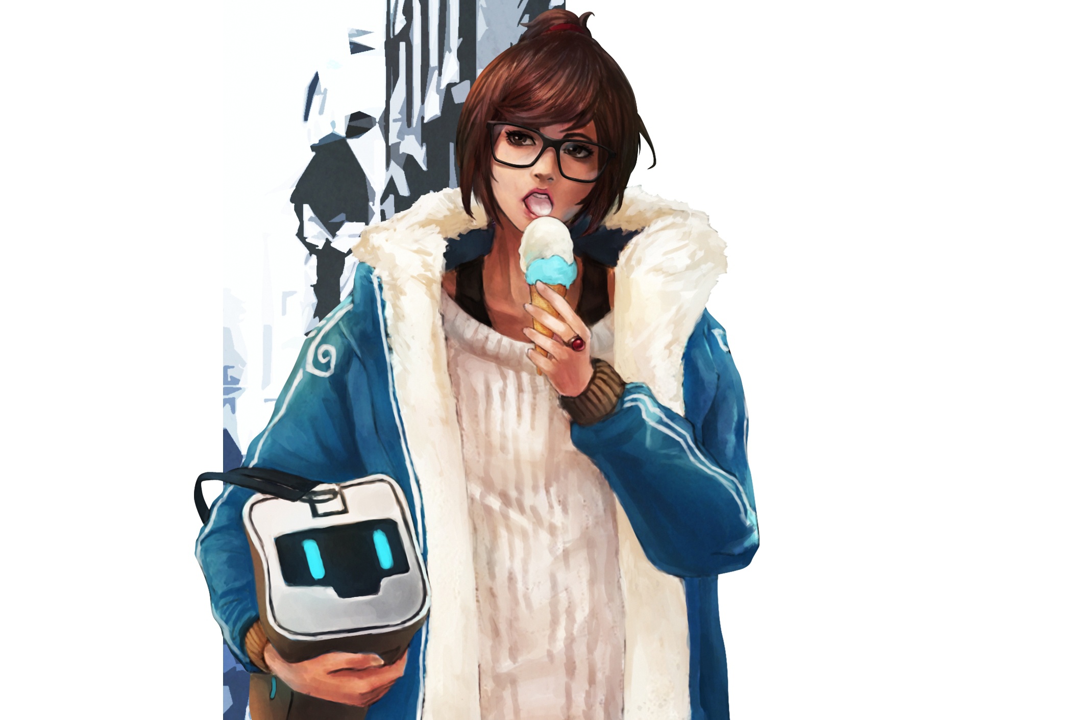 Download wallpaper glasses, ice cream, bag, art, mei, overwatch, Mei-Ling  Zhou, winter collection, section games in resolution 2108x1411