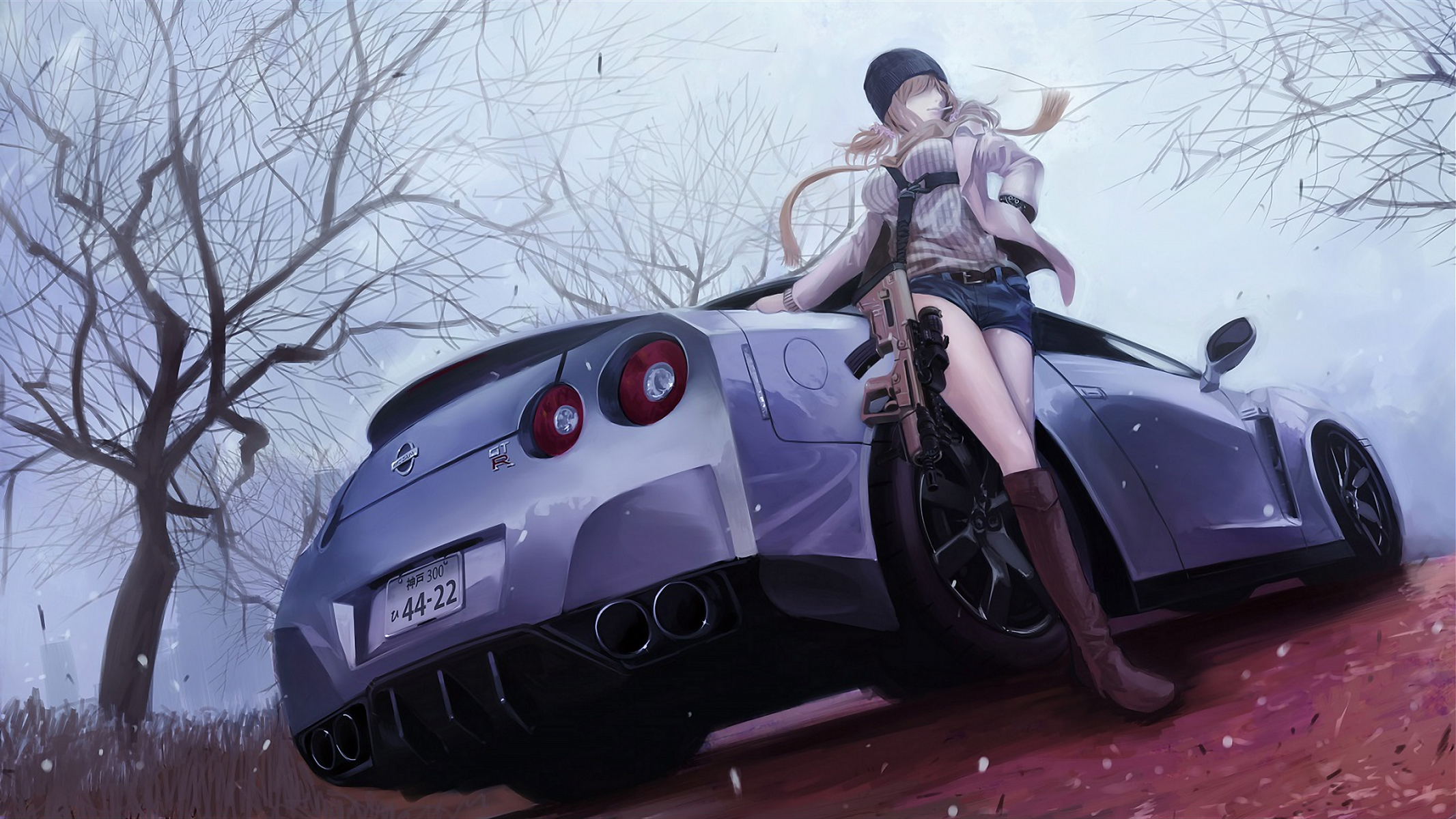 Wallpaper autumn, girl, anime, machine, Nissan, GT-R, car, art for mobile  and desktop, section прочее, resolution 2132x1200 - download