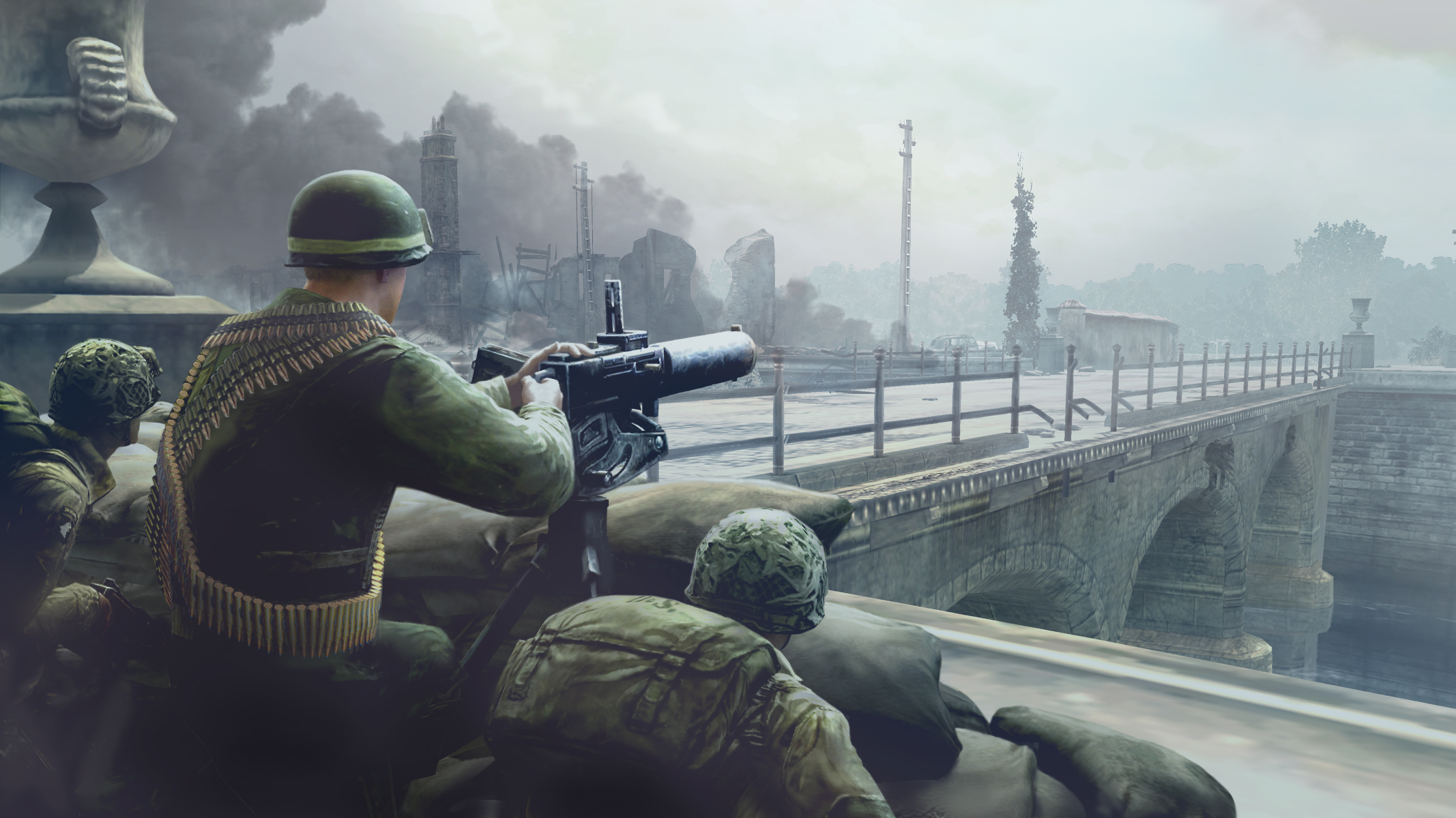 Wallpaper bridge, the city, war, soldiers, machine gun, Company of Heroes  for mobile and desktop, section игры, resolution 2134x1200 - download