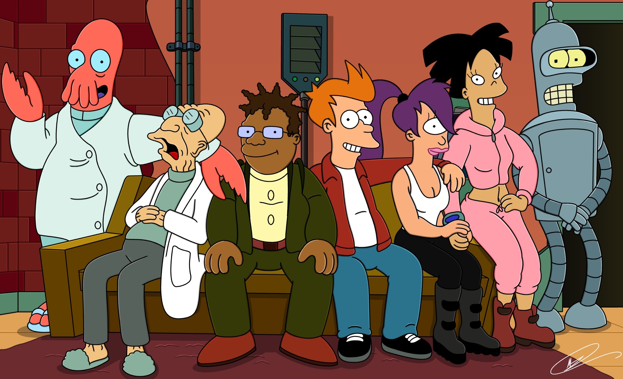 Download wallpaper Futurama, Turanga Leela, Philip J. Fry, Profesor Hubert  J. Farnsworth, Hermes Conrad, Amy Wong, Bender Bending Rodriguez, Dr. John  A. Zoidberg, section films in resolution 2160x1315