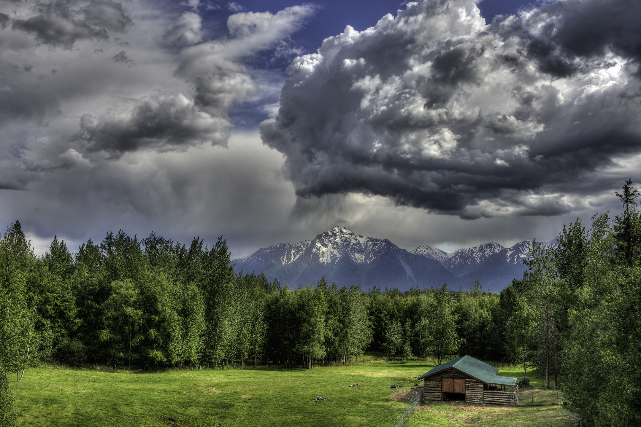 Download wallpaper forest, clouds, mountains, glade, the barn, Alaska ...