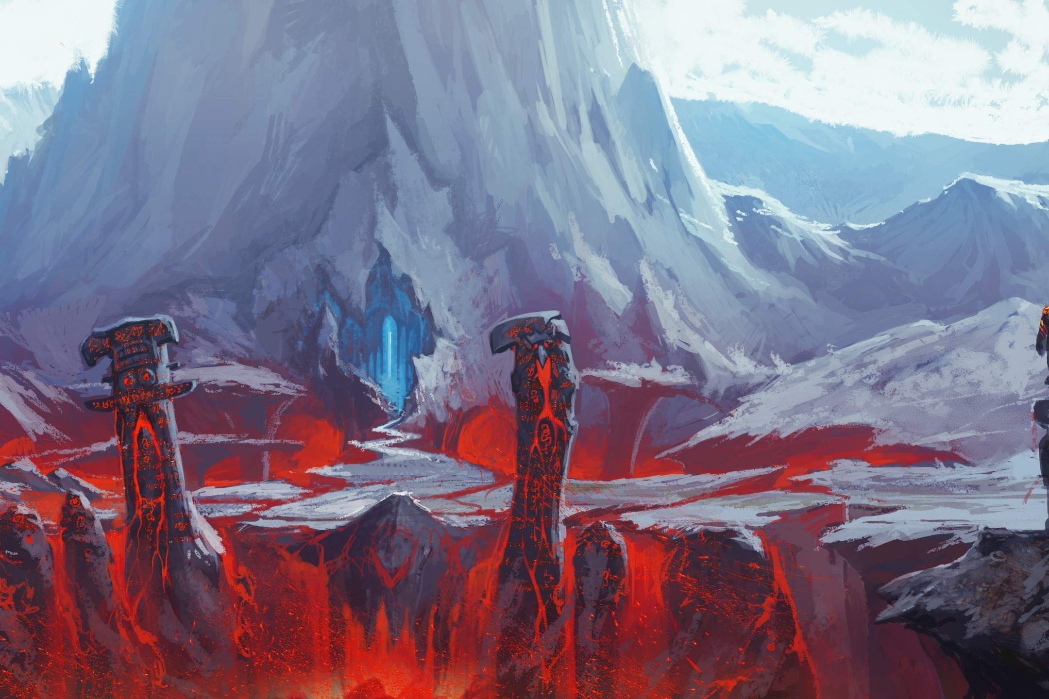 Download wallpaper people, mountain, fantasy, art, lava, spear, cave ...