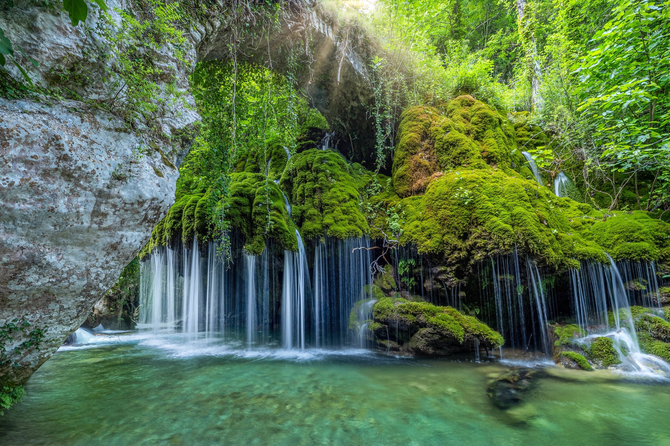 Download wallpaper bridge, rocks, waterfall, moss, section landscapes ...