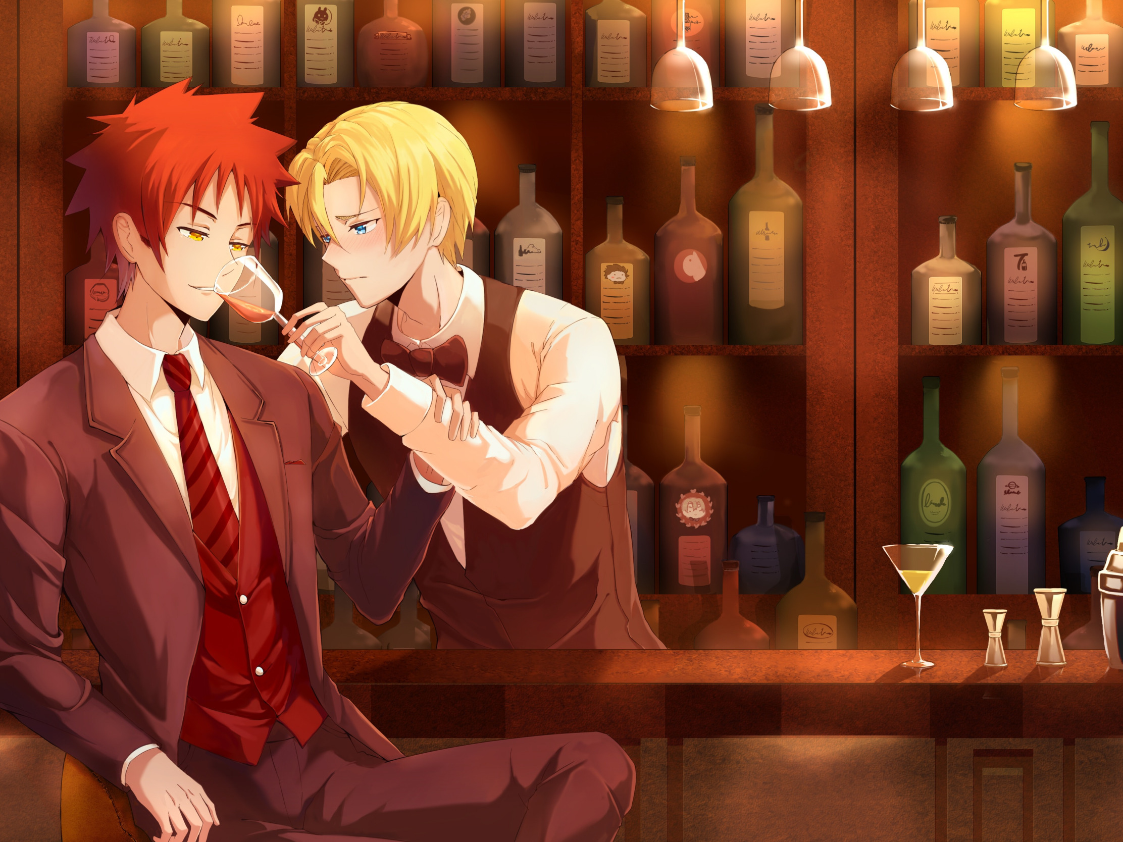 wine, glass, bottle, guys, In the search for the divine recipe, Shokugeki N...