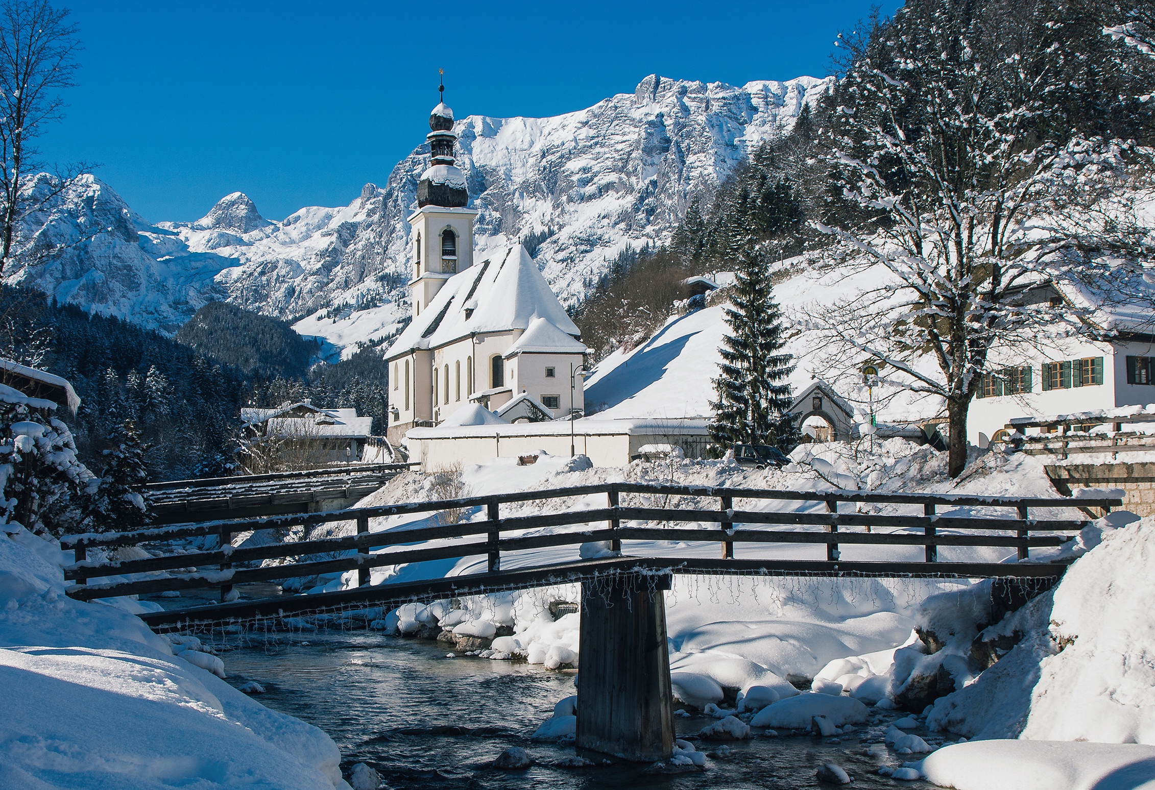 Wallpaper winter, trees, mountains, bridge, river, Germany, Bayern, Church for mobile and desktop, section пейзажи, resolution 2262x1548 - download