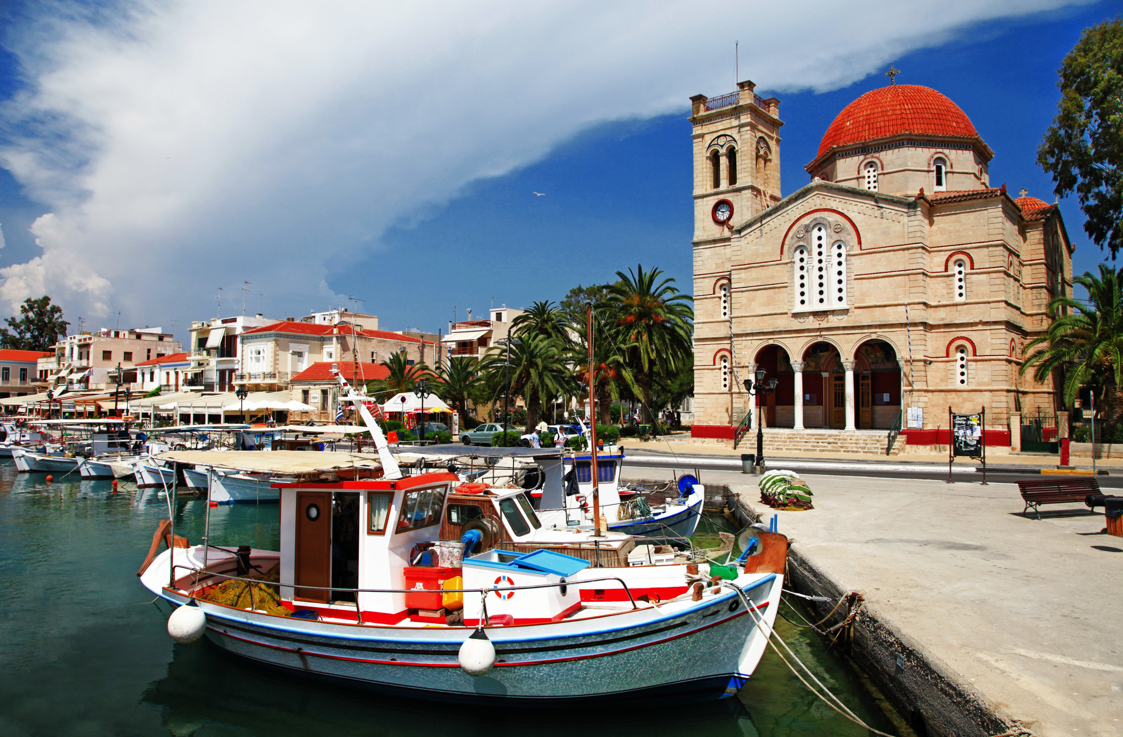 sea, palm trees, island, home, boats, Greece, Church, The Saronic Gulf