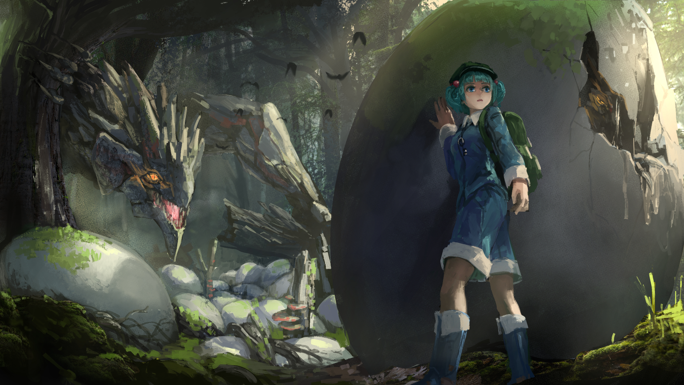 Download wallpaper forest, girl, trees, nature, dragon, eggs, anime, art,  section other in resolution 2309x1299