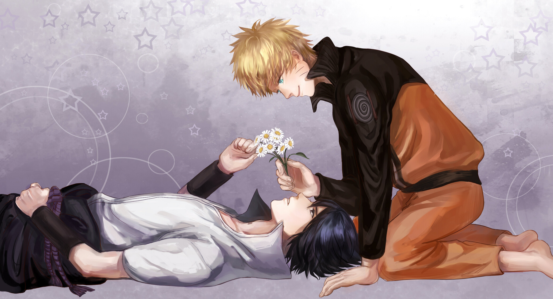 flower, smile, male, blue eyes, naruto, short hair, high resolution, lying 