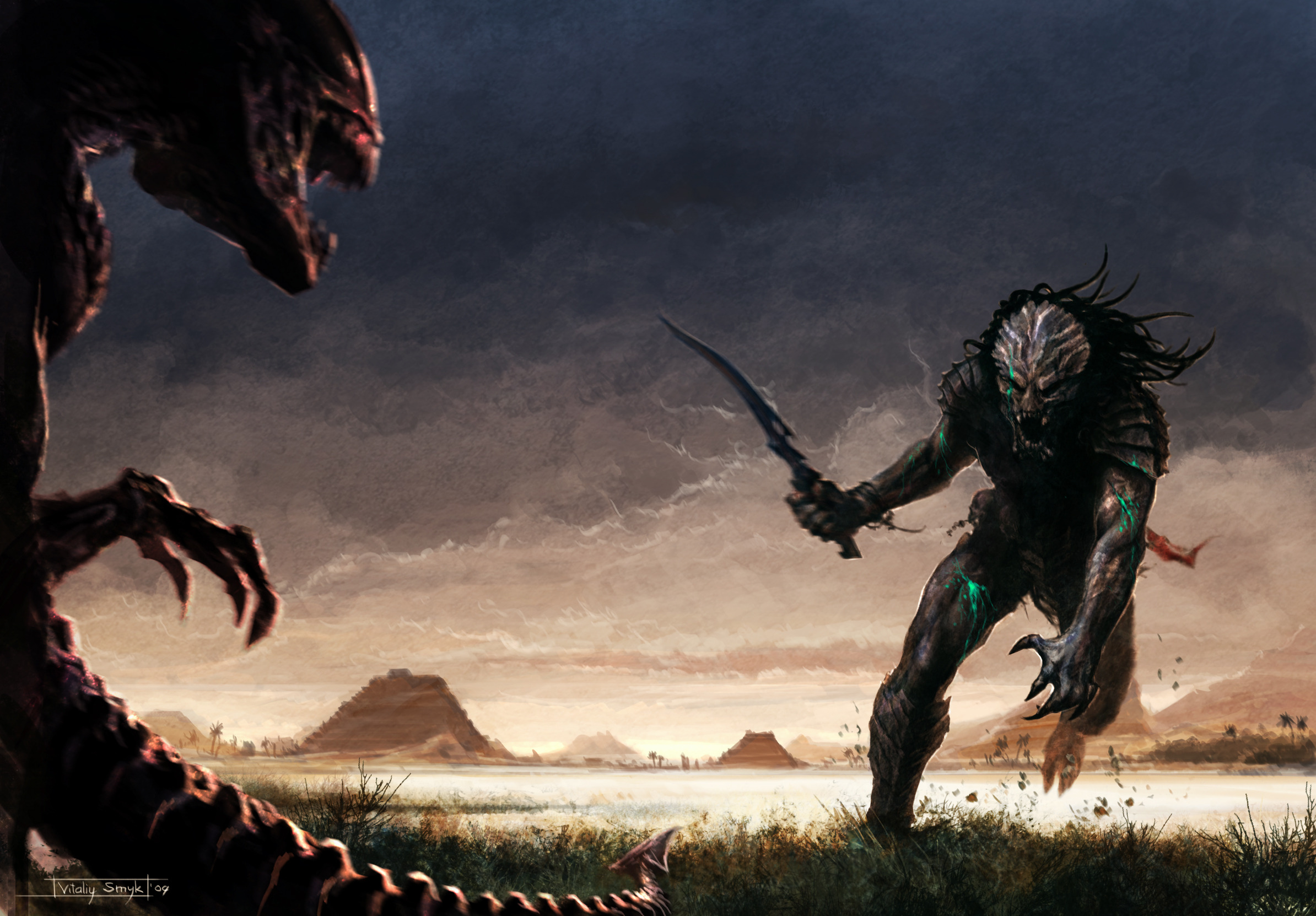 Wallpaper field, grass, sword, stranger, pyramid, against, predator, aliens  vs. predator for mobile and desktop, section фантастика, resolution  2388x1662 - download