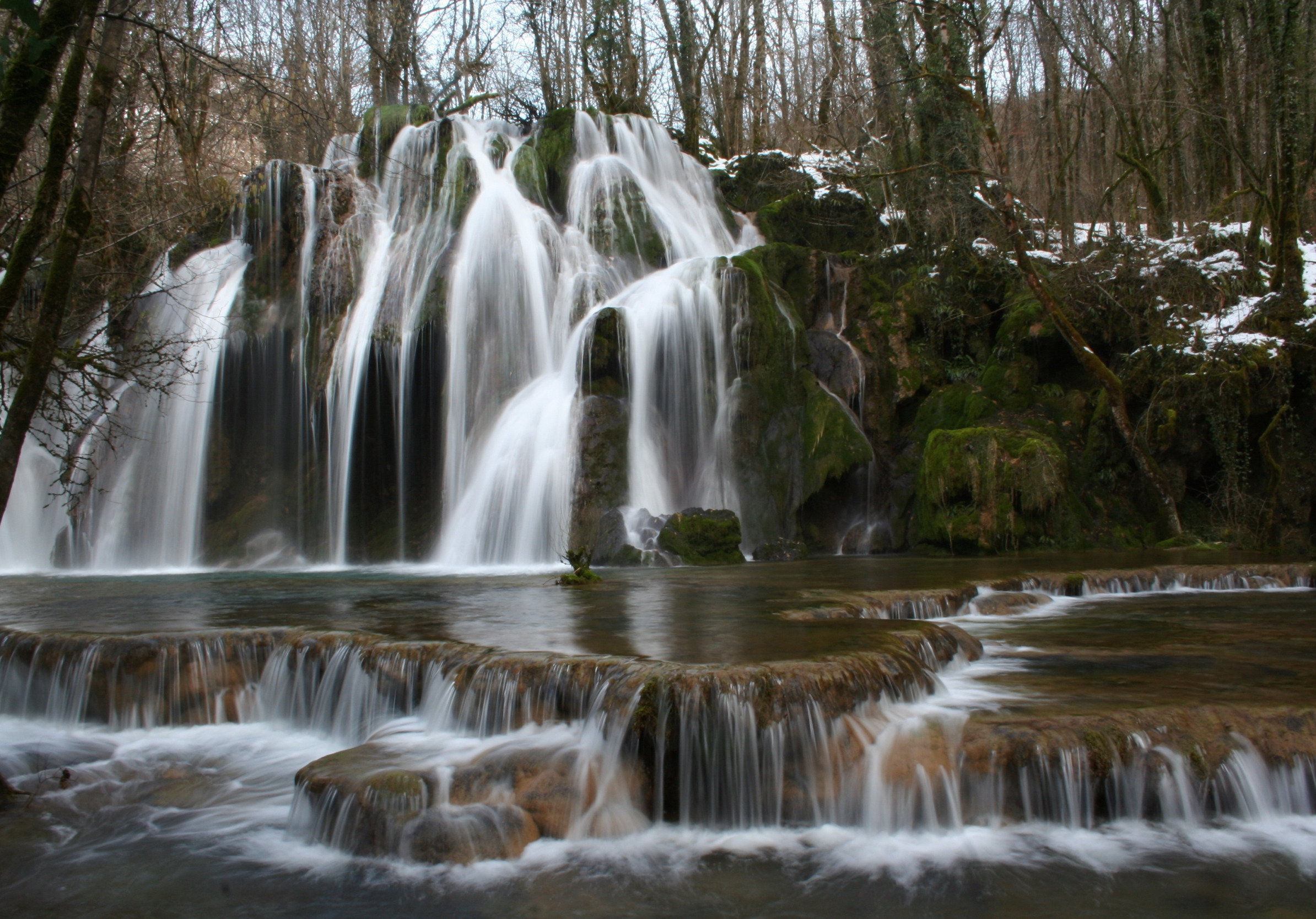 forest, snow, trees, stones, France, waterfall, Franche-Comte, Waterfalls of Tuffs