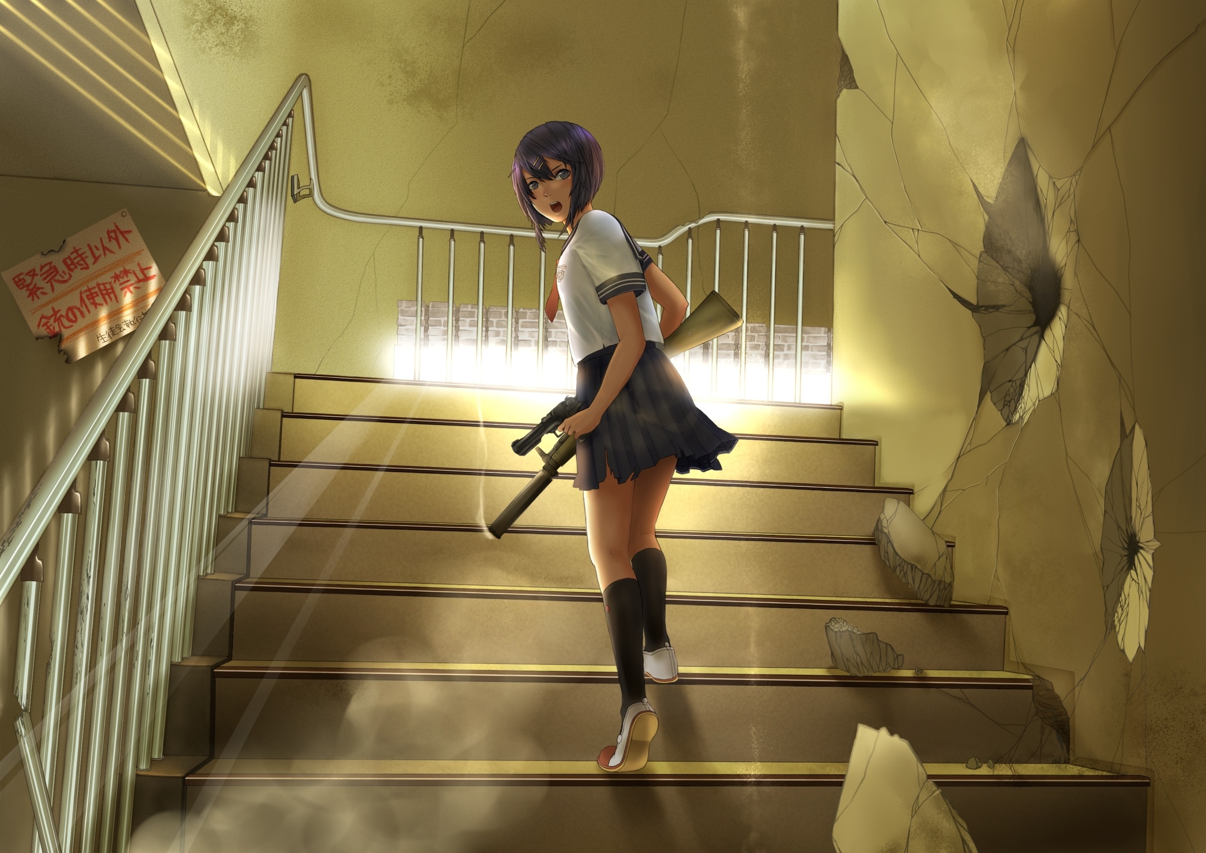 Wallpaper weapons, schoolgirl, Gun, runs, ladder for mobile and desktop,  section сэйнэн, resolution 2428x1719 - download