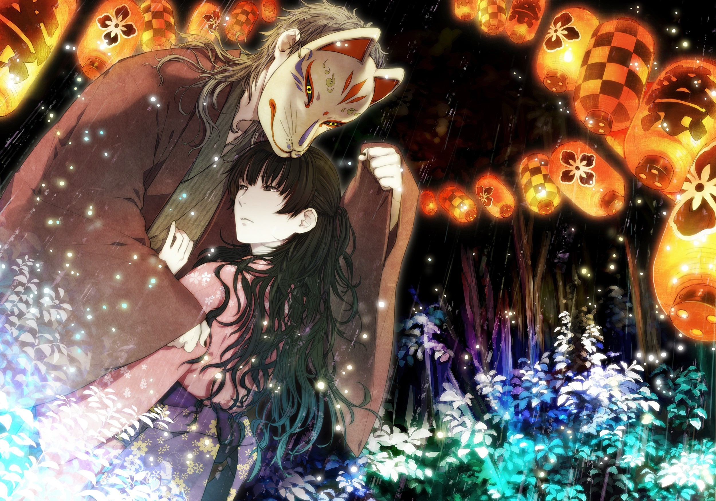 Wallpaper forest, girl, night, mask, guy, two, lanterns for mobile and  desktop, section сэйнэн, resolution 2500x1750 - download