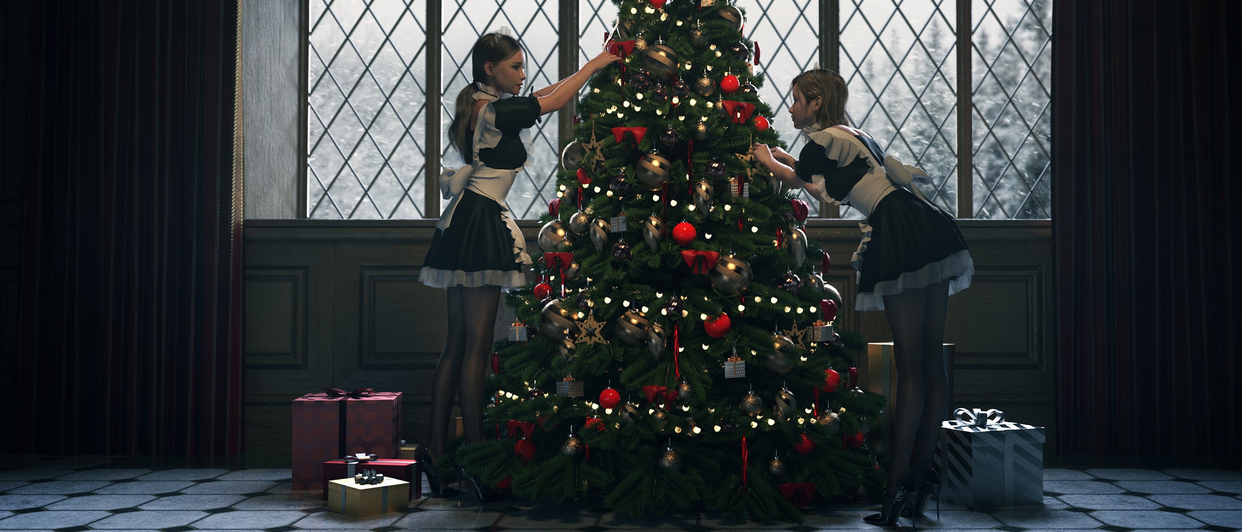 Download wallpaper girls, stockings, art, bokeh, window, brunette