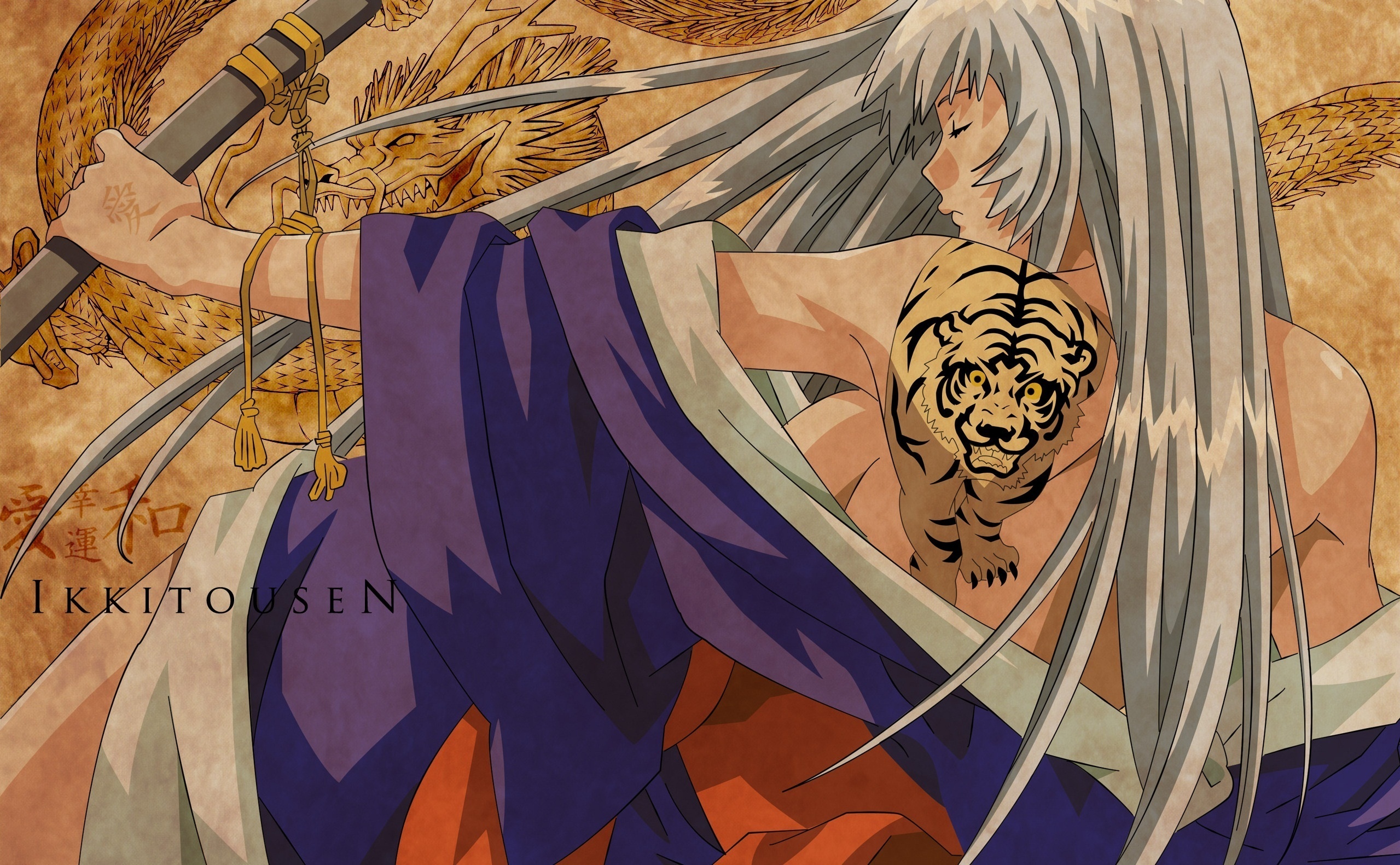 Download wallpaper girl, tiger, the inscription, dragon, figure, back,  sword, katana, section anime in resolution 2559x1581