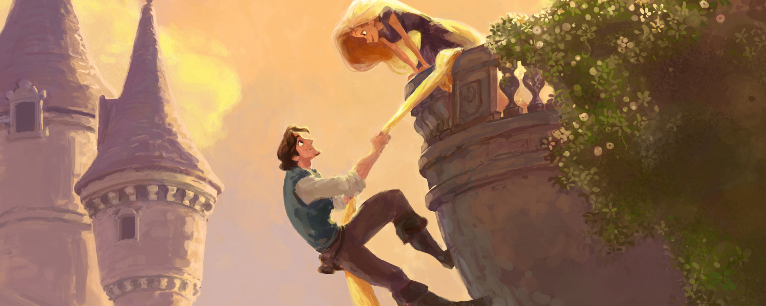 Download wallpaper tower, balcony, long hair, Rapunzel, tangled, Flynn, sec...