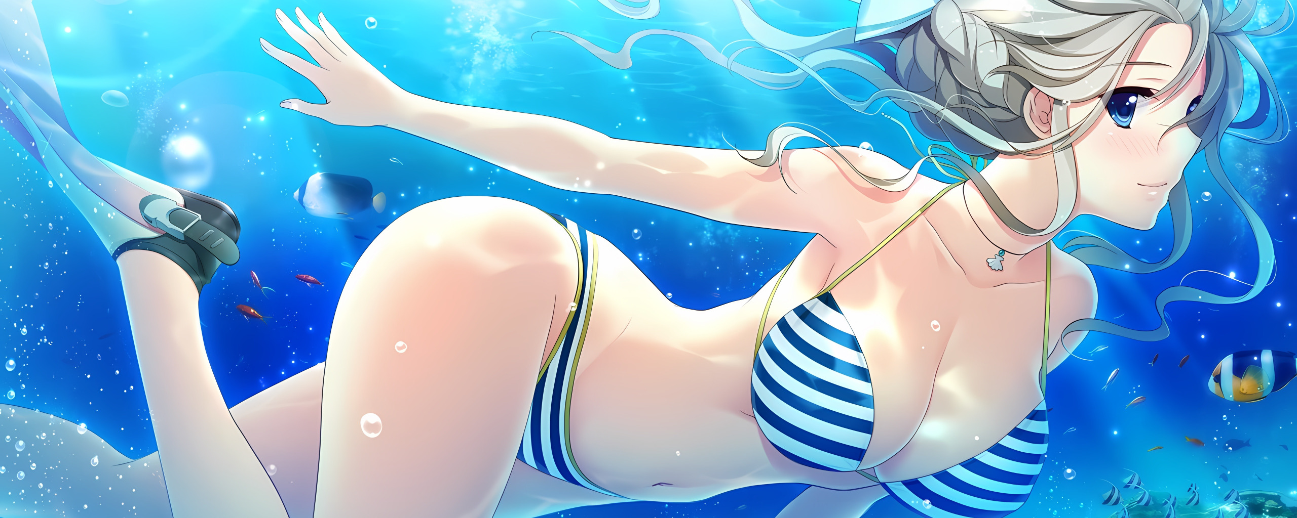 Download wallpaper girl, sexy, cleavage, underwater, boobs, anime, blue  eyes, beautiful, section seinen in resolution 2560x1024