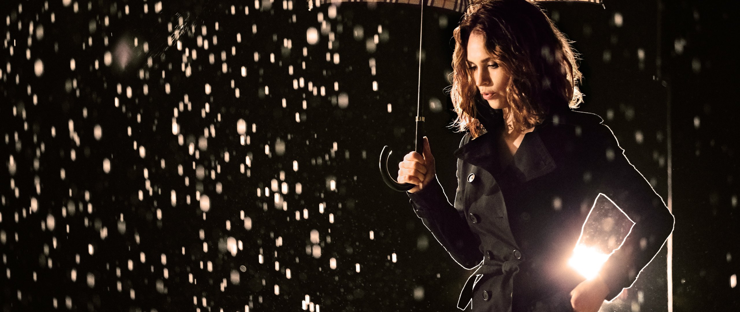 Download wallpaper drops, light, night, rain, model, umbrella ...