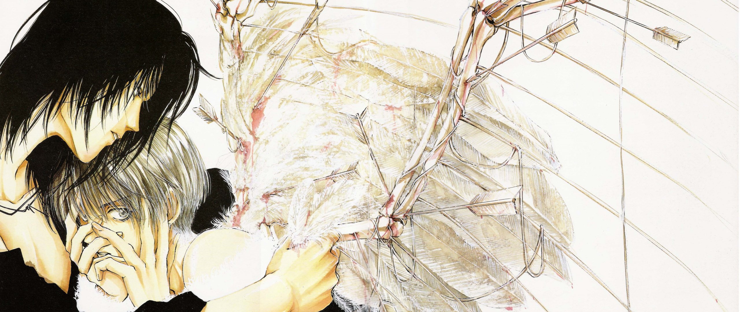 Download wallpaper wings, feathers, hugs, arrows, black hair, angel ...