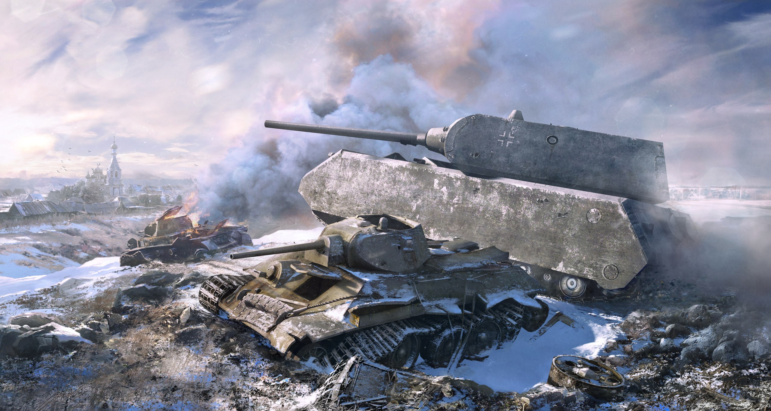 Wallpaper winter, war, T-34, germany, tank, maus for mobile and desktop,  section оружие, resolution 2560x1364 - download