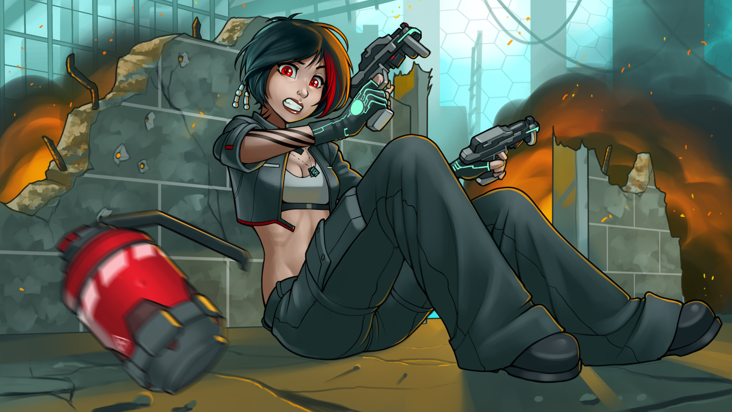 Download Wallpaper Girl, Fright, Fire, Guns, Pomegranate, Anime.